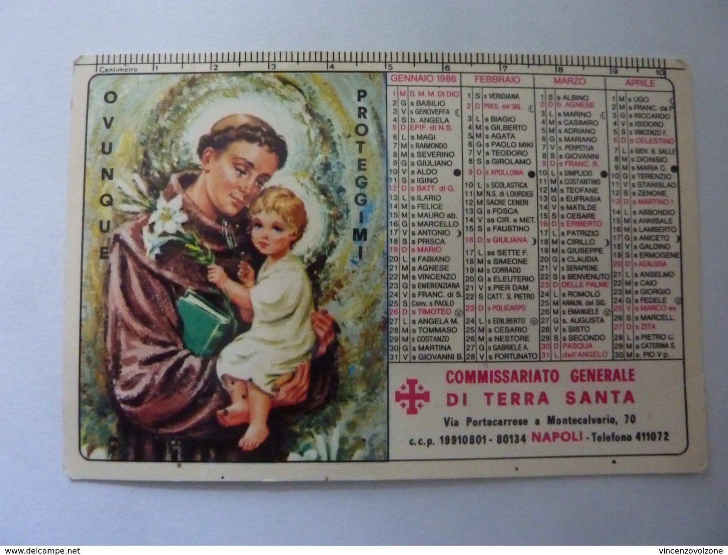 Calendario Tascabile "COMMISSARIATO GENERALE DI TERRASANTA NAPOLI 1986" - Formato Piccolo : 1981-90