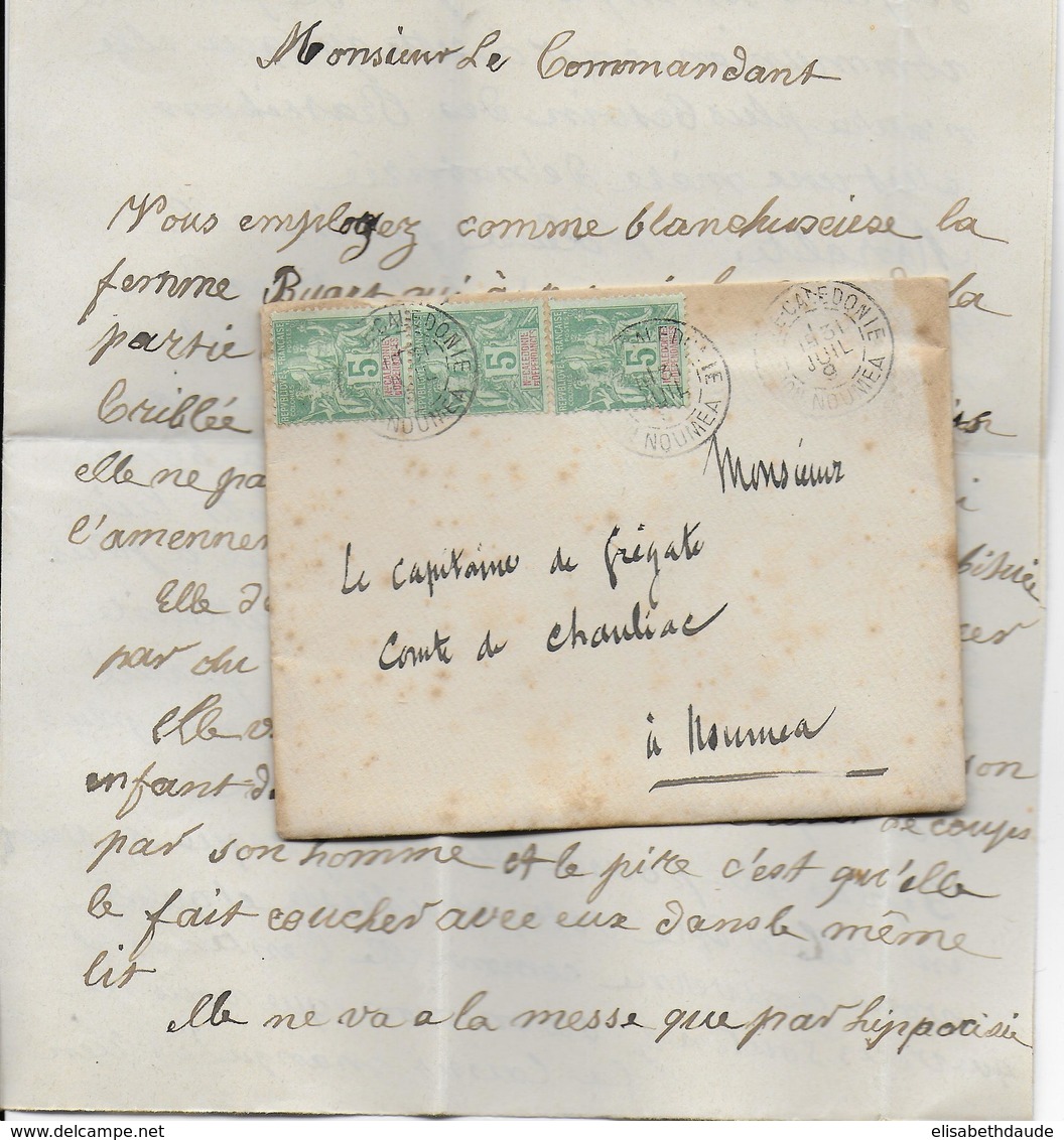 1892 - CALEDONIE - LETTRE ANONYME De DENONCIATION D'une FEMME DE MAUVAISE VIE !!! Au CDT D'un NAVIRE De GUERRE à NOUMEA - Storia Postale