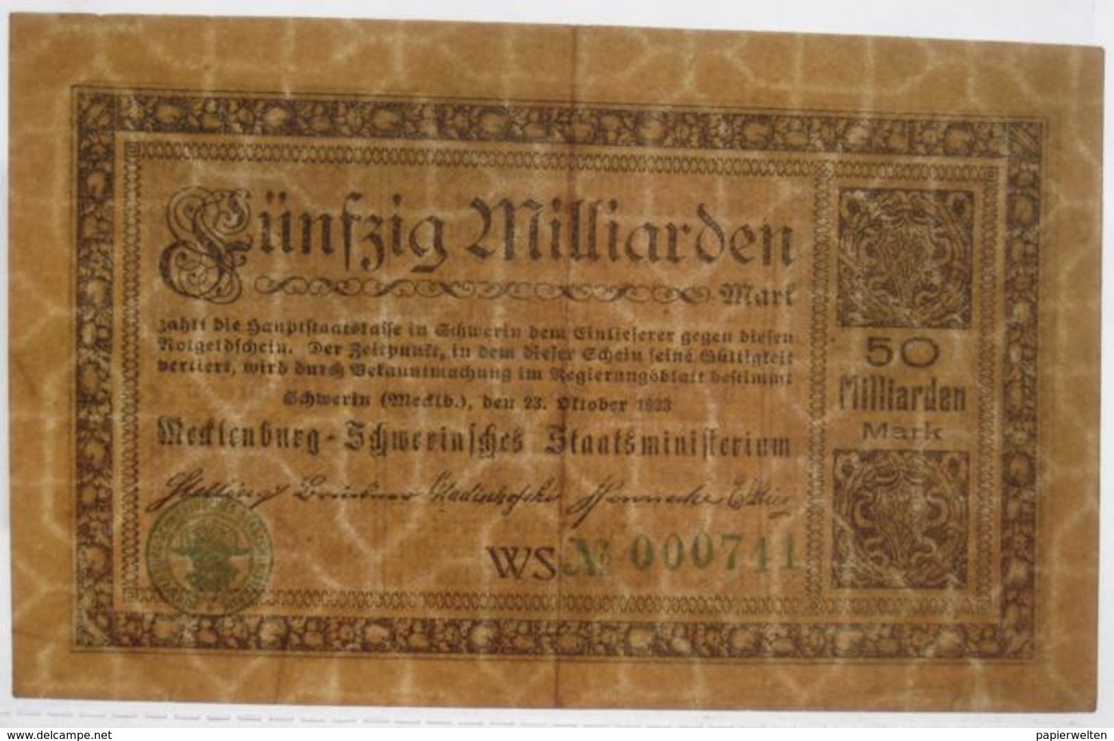 Mecklenburg-Schwerin 50000000000 Mark 23.10.1923 / Mecklenburg-Schwerinsches Staatsministerium 50 Milliarden - 50 Mrd. Mark