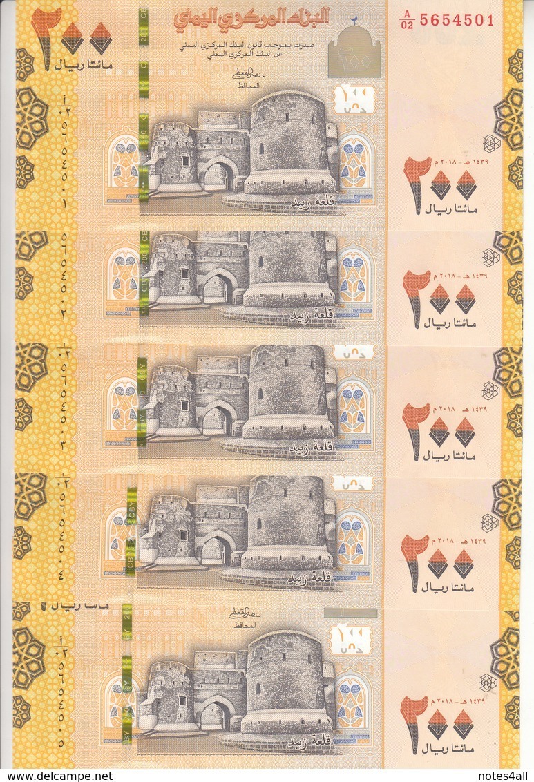 YEMEN 200 RIAL 2018  P- NEW LOT X5 UNC NOTES */* - Yemen