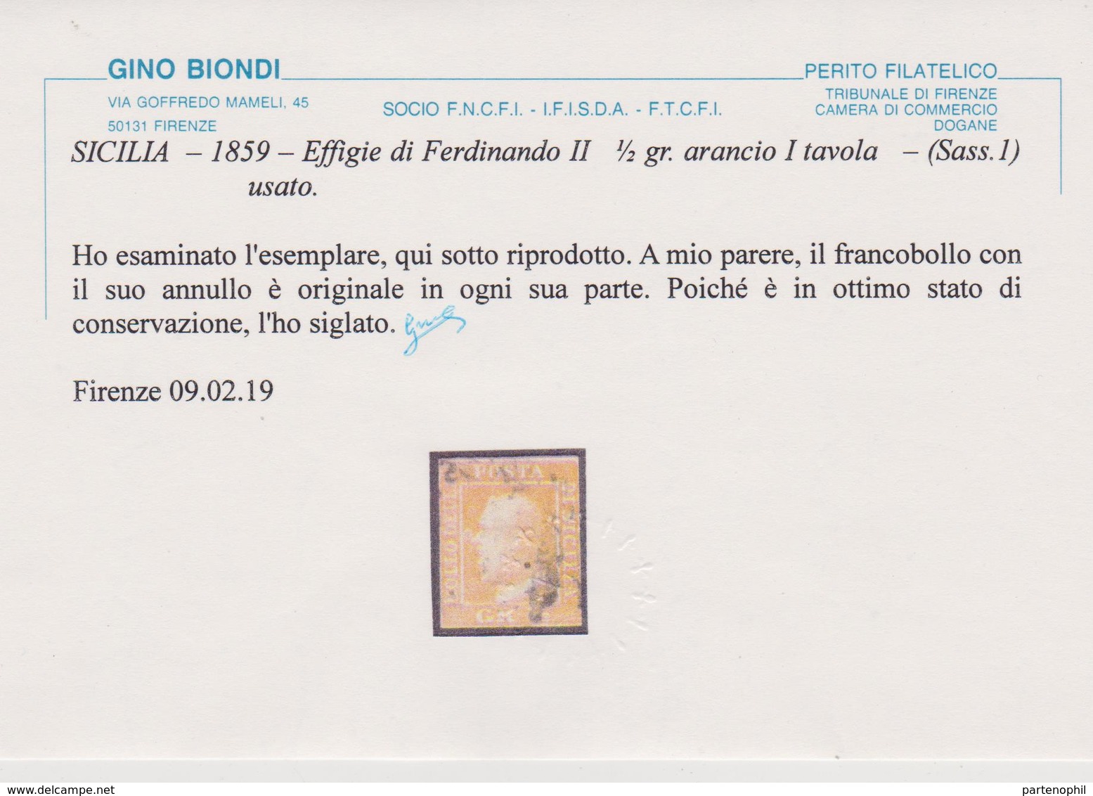 Sicilia - 062 - 1859 – ½ Gr. Arancio N. 1. Cat. € 1750,00. Cert. Biondi. SPL - Sizilien