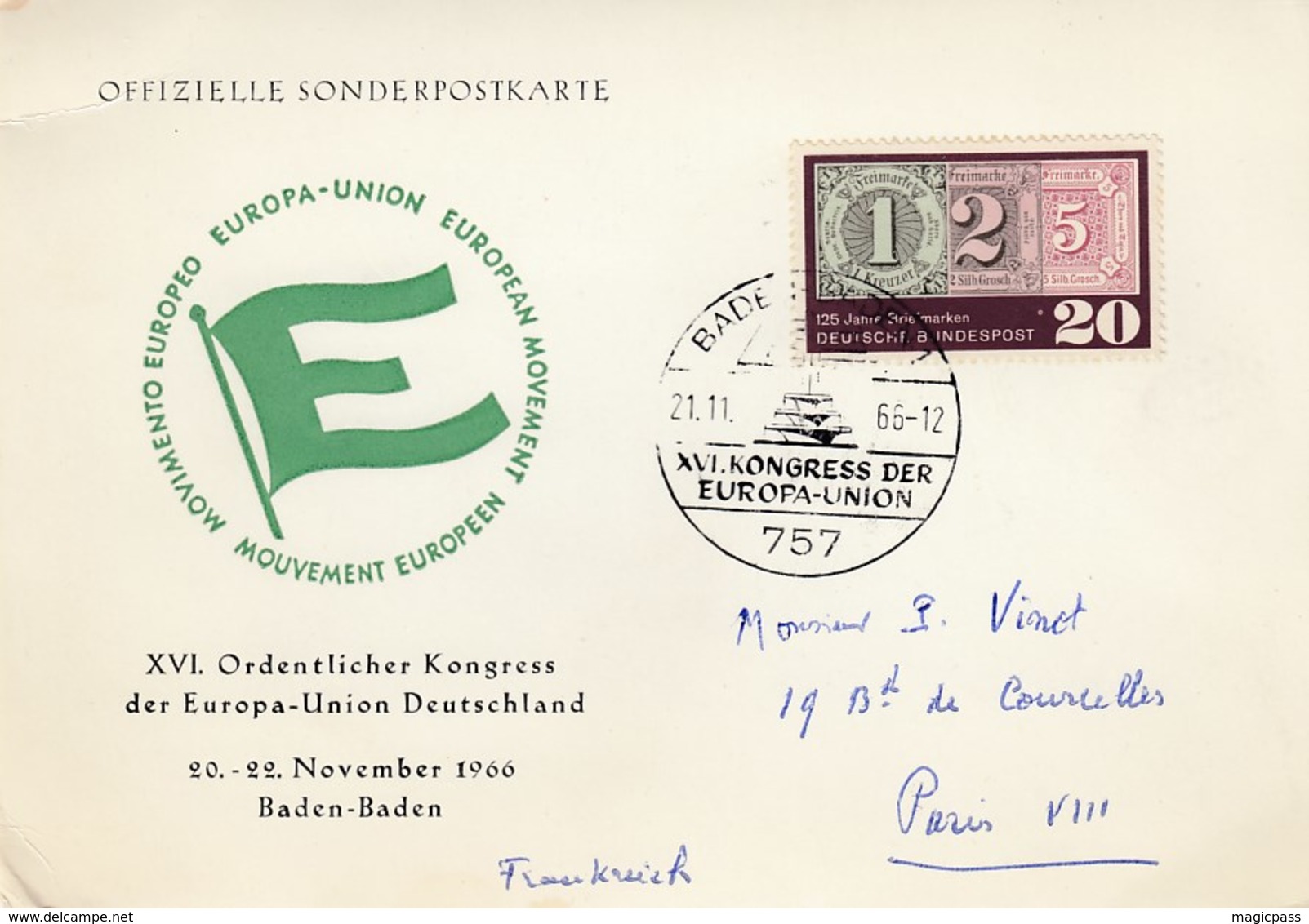 #6 XVI Kongress Der Europa-union Baden Baden 21/11/66, 21/11/1966 European Movement UE - Covers & Documents