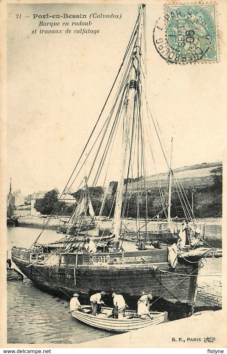 Port En Bessin - 1906 - Travaux De Calfatage Sur Un Bateau Voilier - Barque En Radoub - Belle Animation - Port-en-Bessin-Huppain