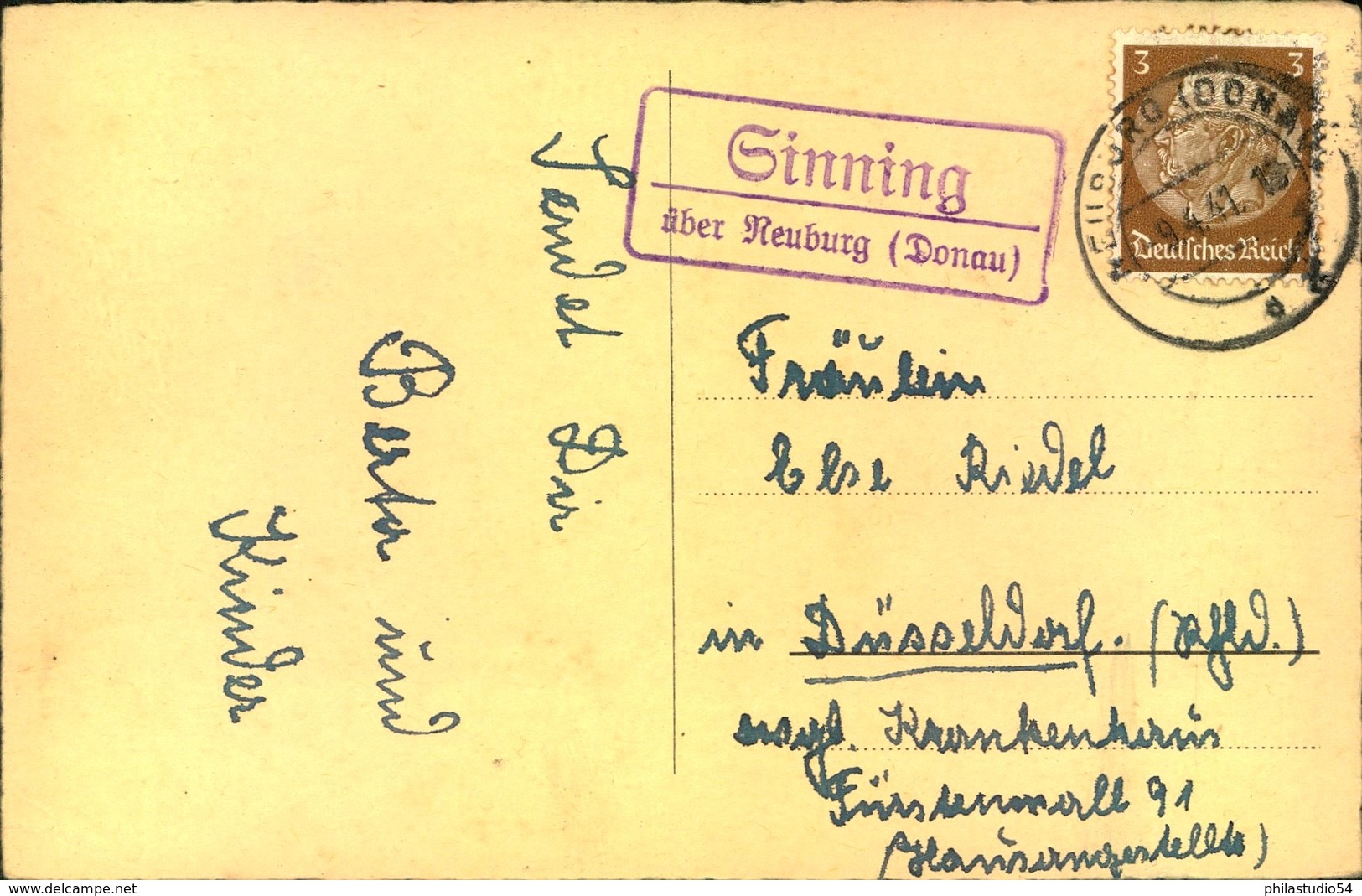 1941, Poststellenstempel "Sinnig über Neuburg (Donau) - Maschinenstempel (EMA)