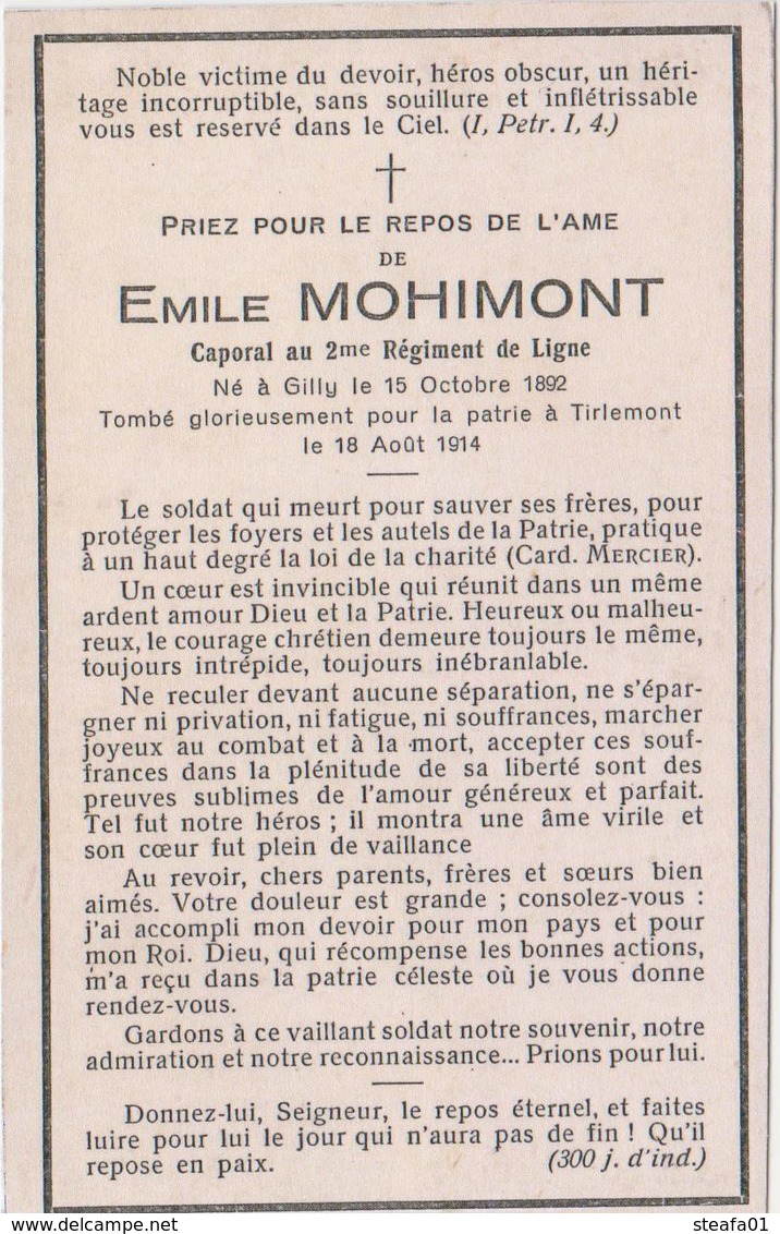 Tienen, Thienen, Tirlemont, Doodsprent Emile Mohimont,gesneuveld Te Tienen 18 Aug.1914, Begraven In De Necropolis! - Tienen