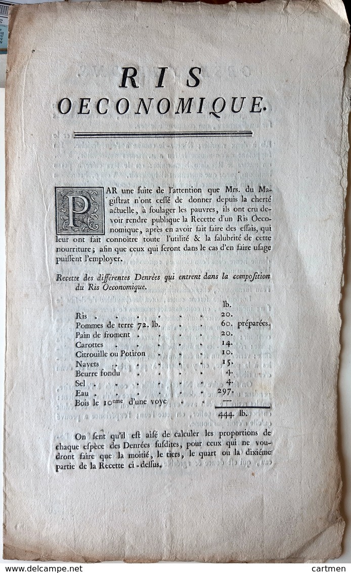 GASTRONOMIE RECETTE POPULAIRE POUR LES PAUVRES  LE RIS OECONOMIQUE 18° SIECLE PHYSIOCRATIE DOCUMENT ORIGINAL - Documents Historiques