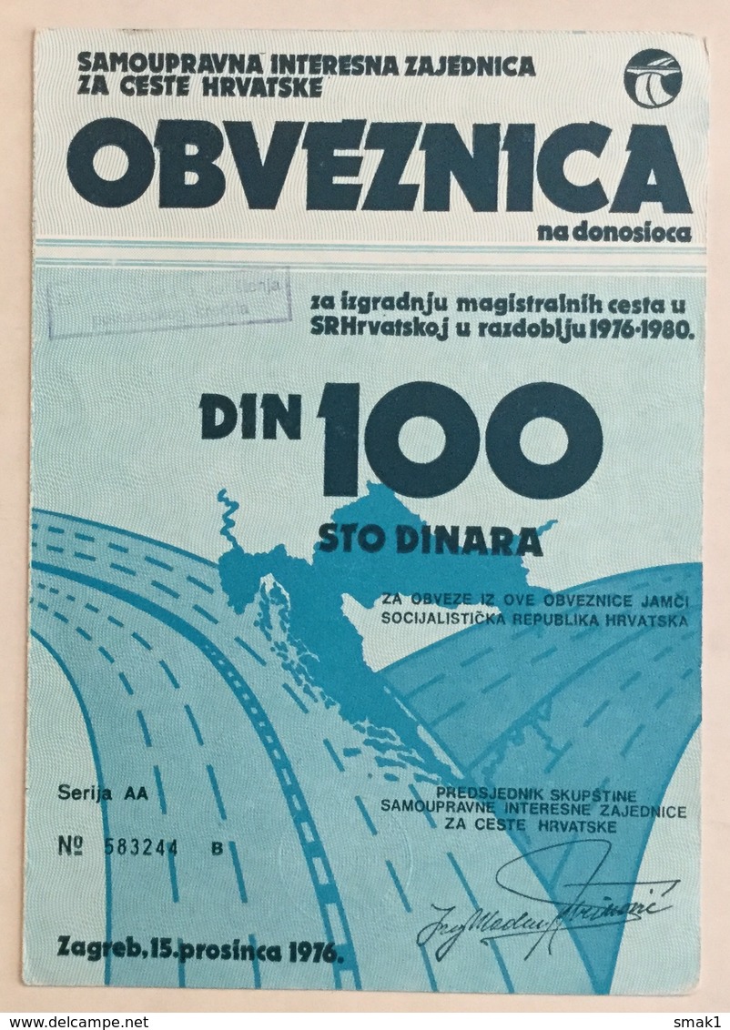 AKTIE  BOND   SHAREHOLDING   CROATIA  MOTORWAY CONSTRUCTION  1976 - Transports