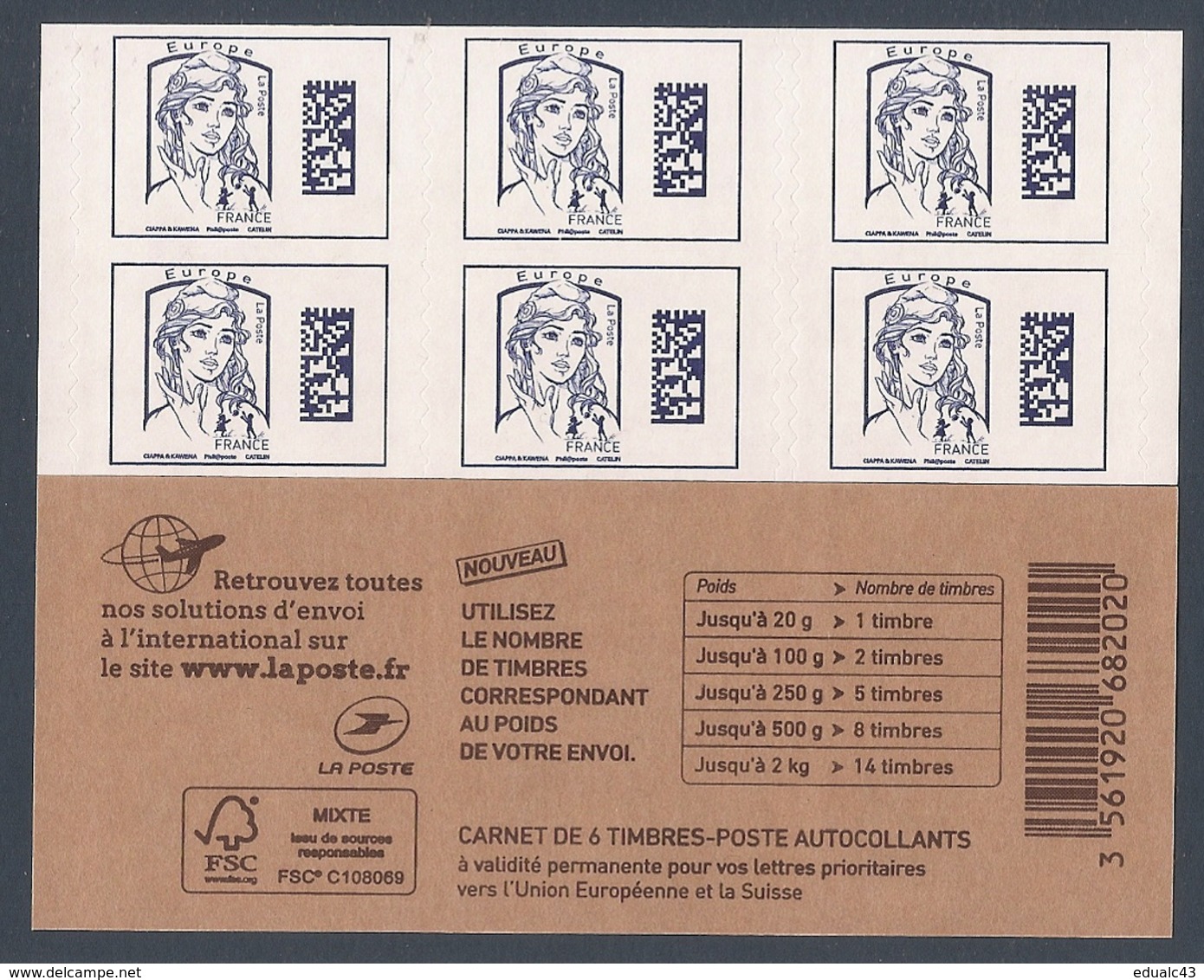 2016 Carnet Adhésif - BC 1216 A Datamatrix Europe Bleu 6 Timbres (sans Mention Du Poids)- NEUF - LUXE ** NON Plié - Commemoratives