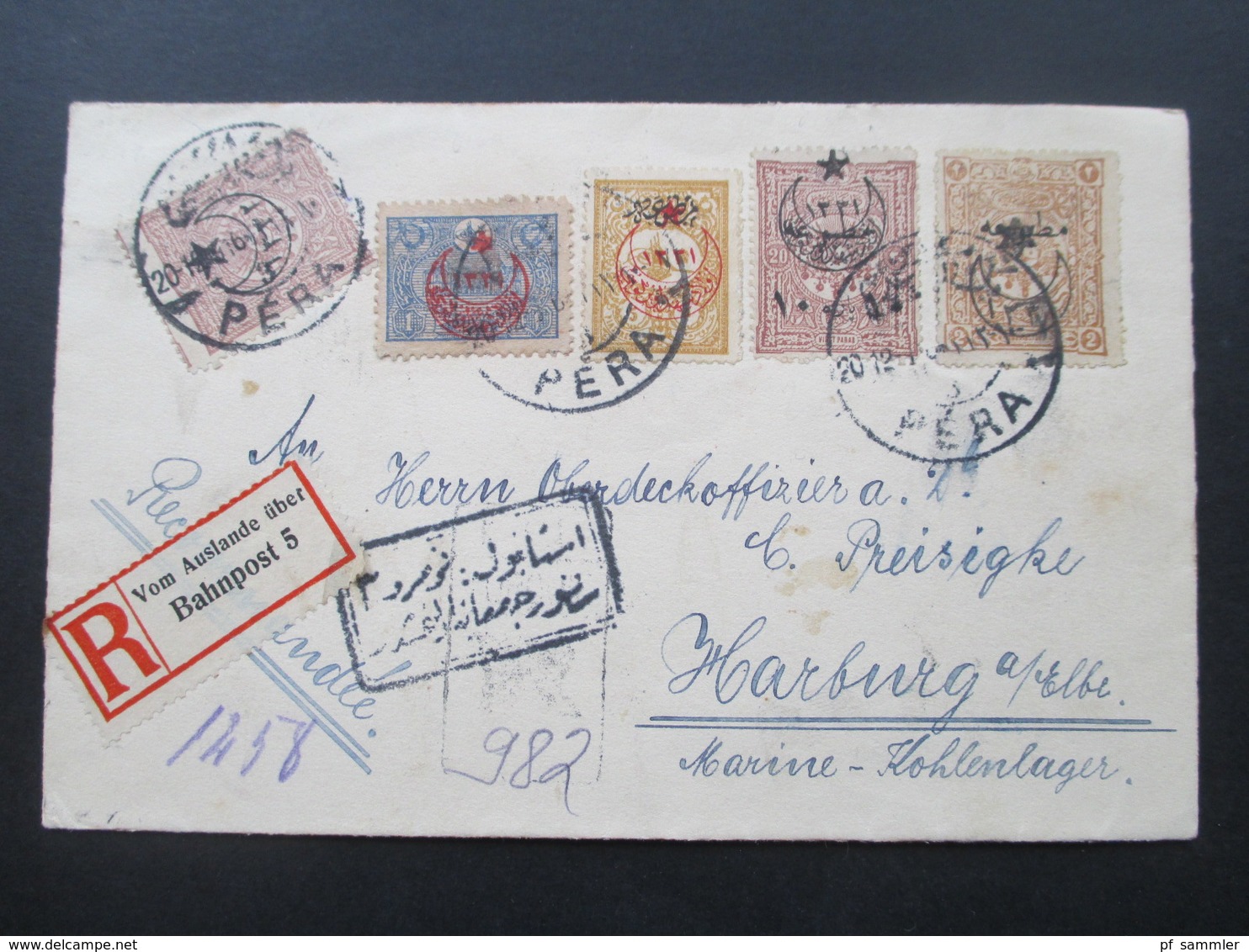 Türkei 1916 Einschreiben Zettel Vom Auslande über Bahnpost 5 Nach Harburg Marine Kohlenlager Oberdeckoffizier - Storia Postale