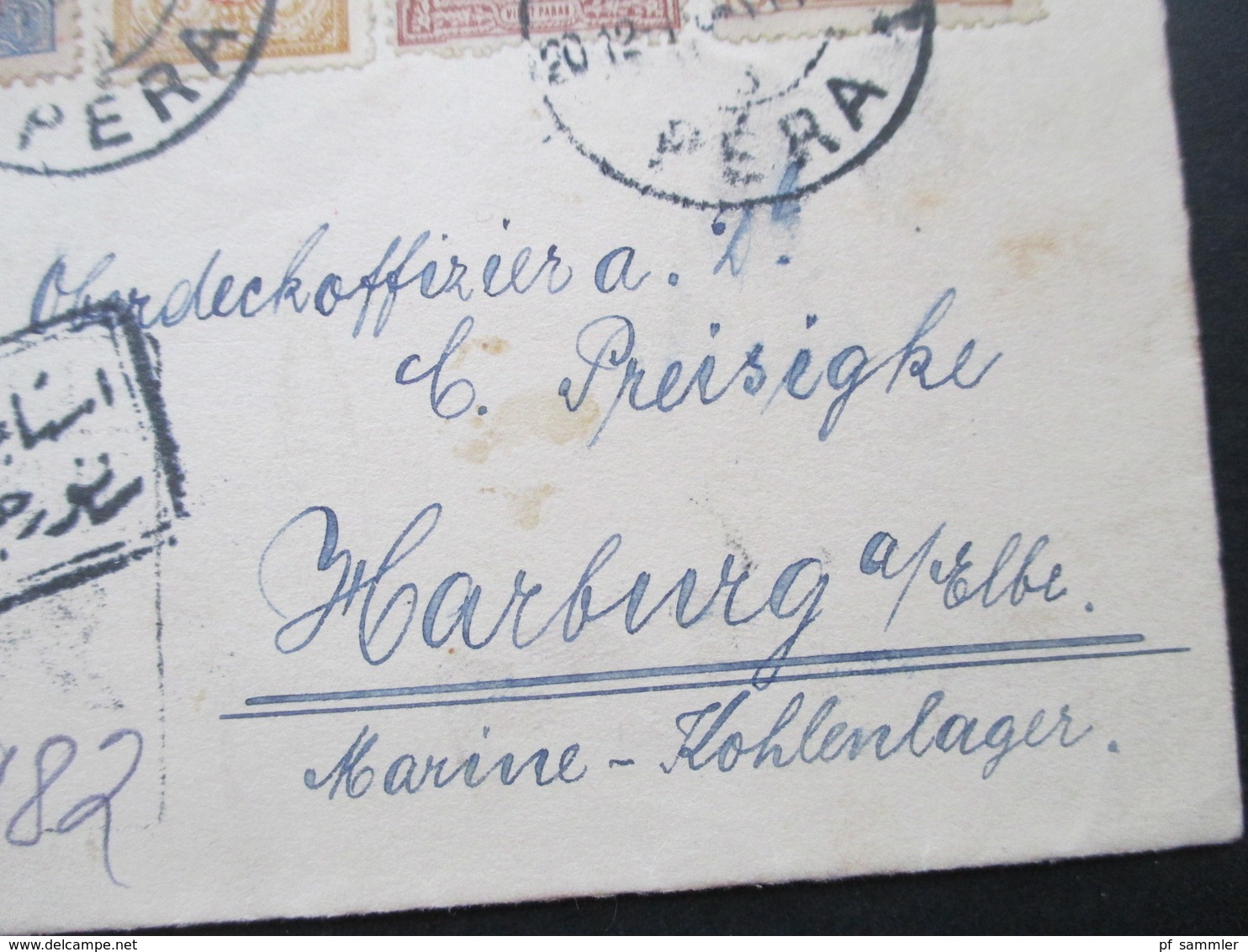 Türkei 1916 Einschreiben Zettel Vom Auslande über Bahnpost 5 Nach Harburg Marine Kohlenlager Oberdeckoffizier - Cartas & Documentos