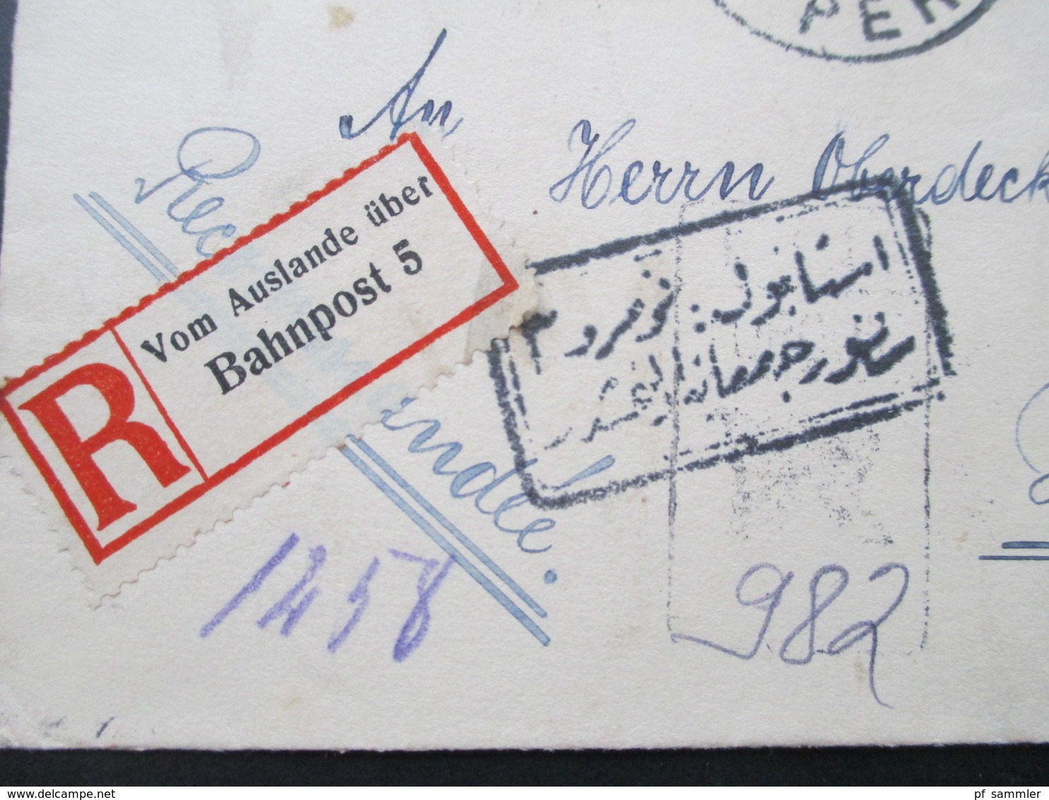 Türkei 1916 Einschreiben Zettel Vom Auslande über Bahnpost 5 nach Harburg Marine Kohlenlager Oberdeckoffizier