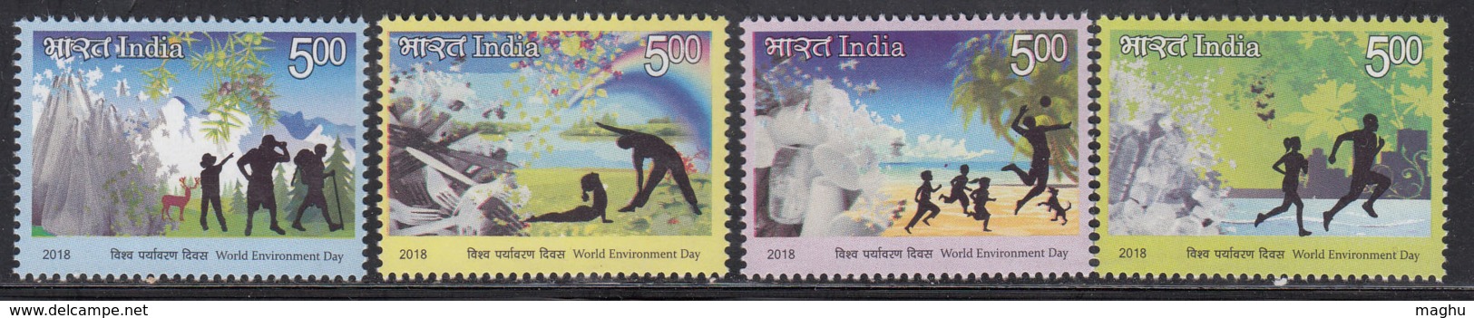 India MNH 2018, World Environment Day Set, Nature Sport Fitness Trekking Dog Stag Animal, Ball Butterfly Rainbow Plastic - Ongebruikt