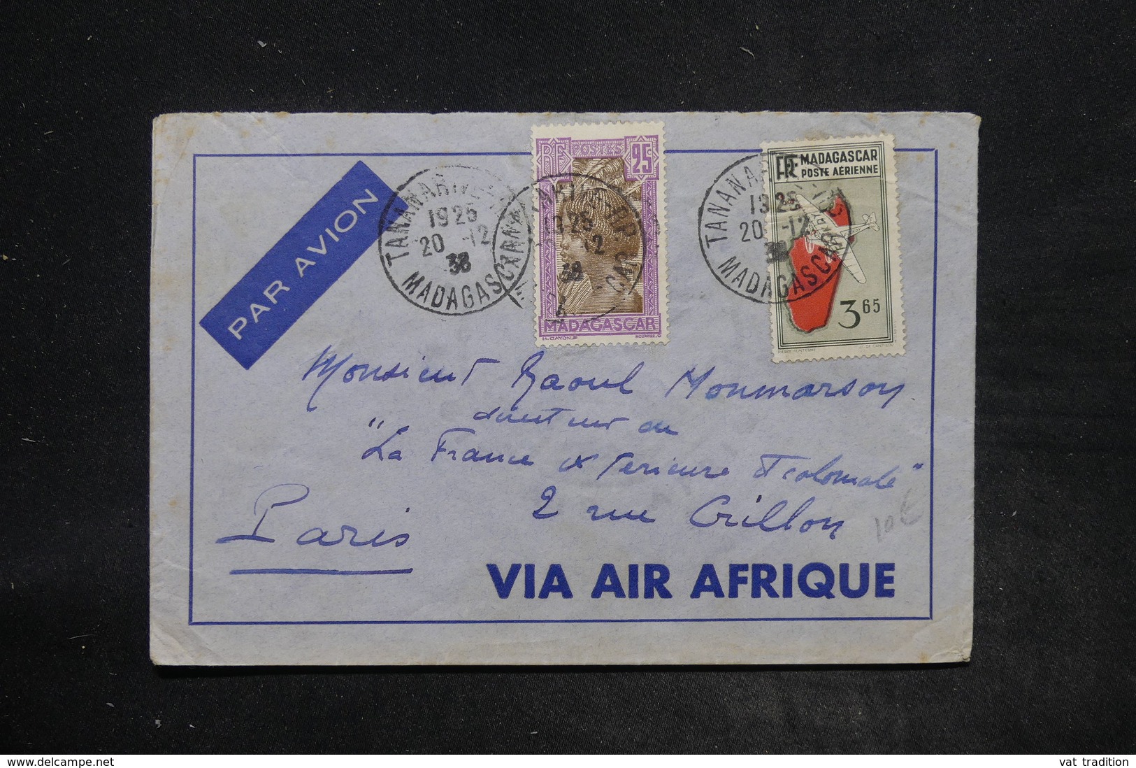 MADAGASCAR - Affranchissement Plaisant De Tananarive Sur Enveloppe En 1938 Pour Paris - L 26200 - Lettres & Documents