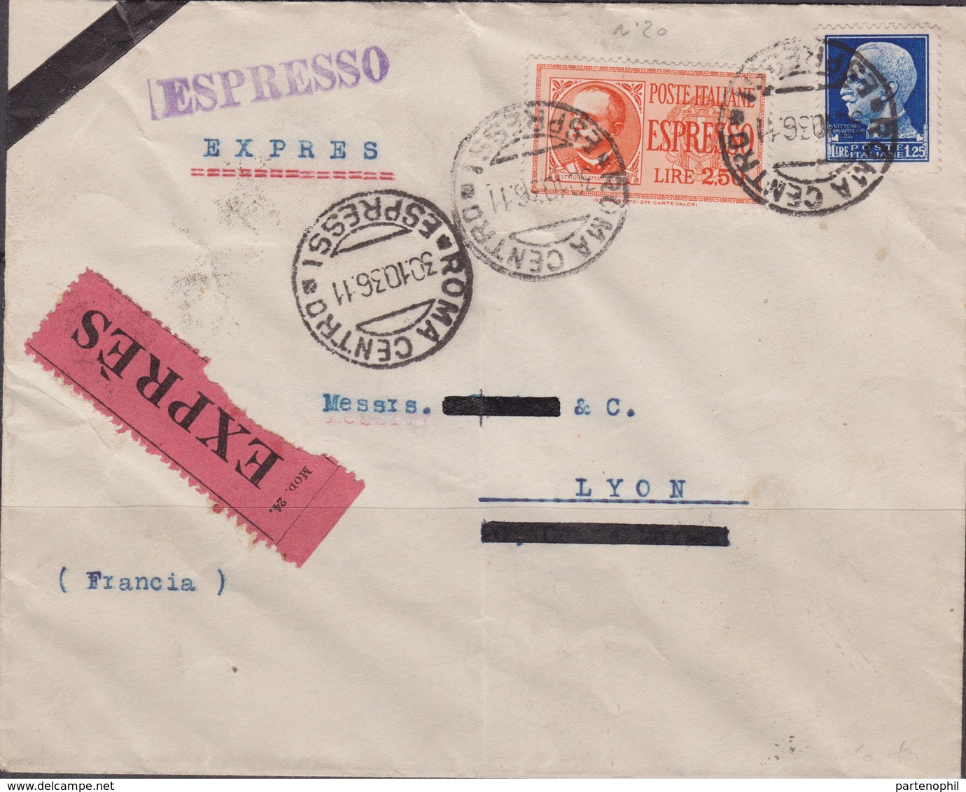 Italia 241 – Lettera Espresso Da Roma Del 30.10.36 Per Lione ( Francia ) Affrancata Con Imperiale L. 1,25 + Espresso L. - Storia Postale