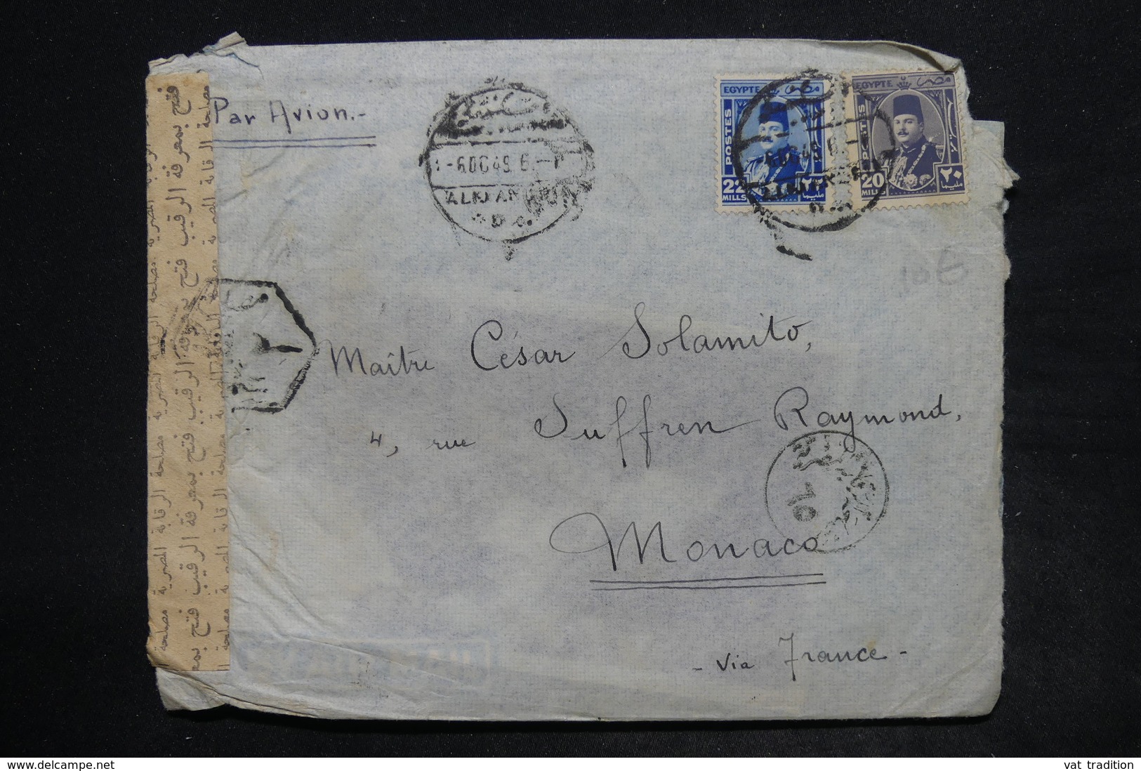 EGYPTE - Affranchissement Plaisant De Alexandrie Sur Enveloppe Pour Monaco En 1949 Avec Contrôle Postal - L 26206 - Lettres & Documents