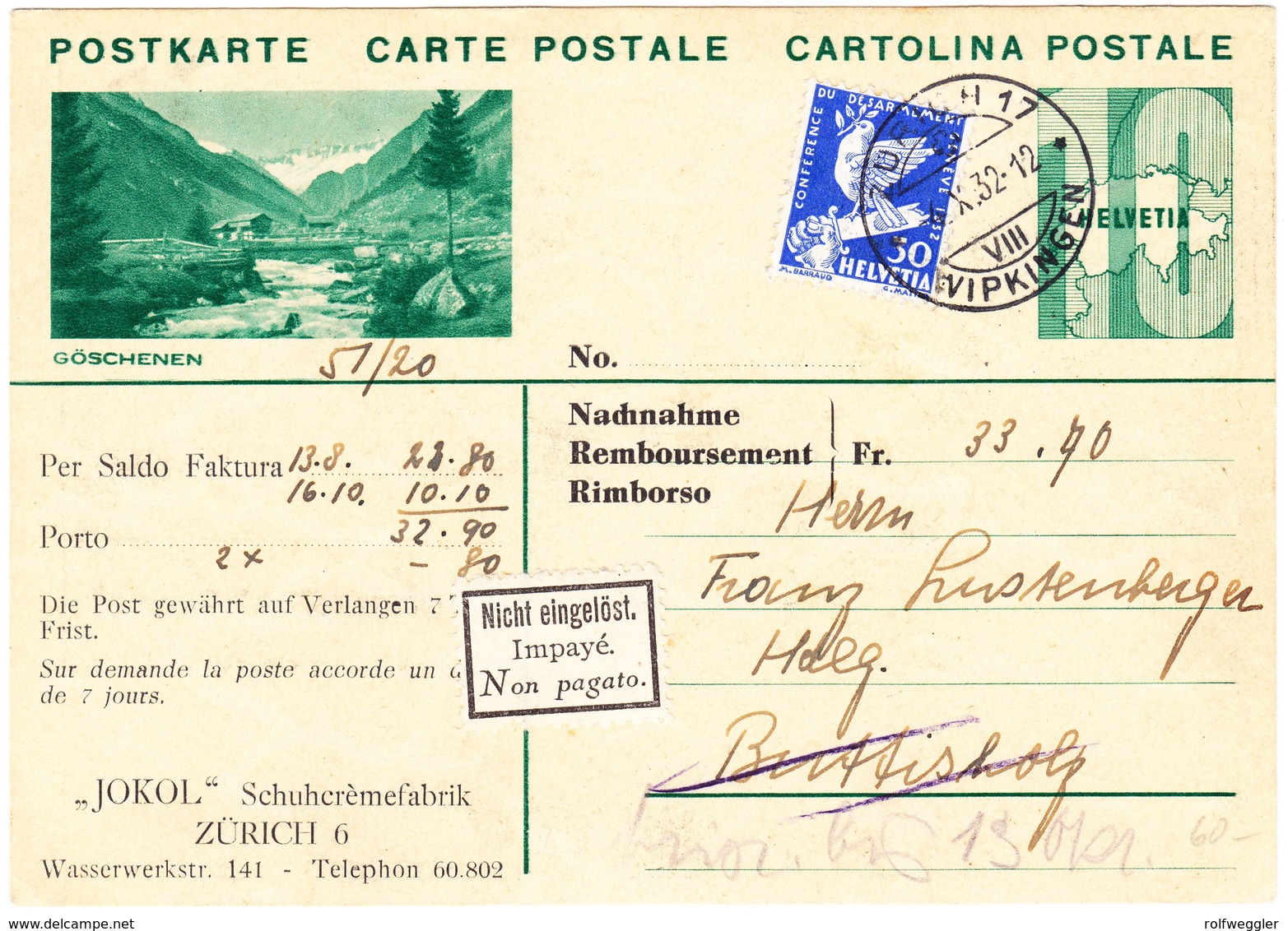 1932 Reklamenganzsache Mit Zusatzfrankatur Zürich Wipkingen Nicht Eingelöst In Buttisholz; Rückseitig Schuhcreme Reklame - Entiers Postaux