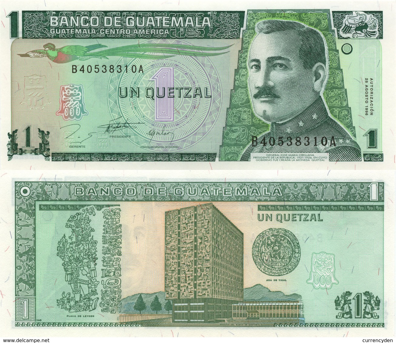 Guatemala P97a,1 Quetzal, Quetzal Bird, Gen Orellana / Bank Plate Of Leyden UNC - Guatemala