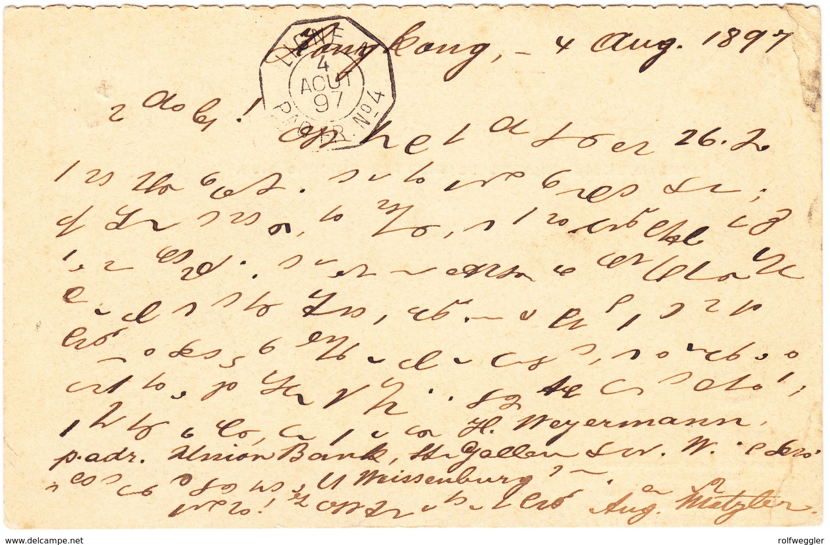 1897 Ganzsachenkarte Mit Aufdruck; Stempel Honkong Rückseitig Schiffstempel Nach Le Reyncy; Links Eckbüge - Lettres & Documents