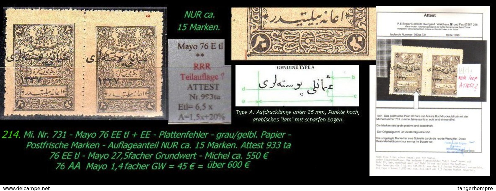 EARLY OTTOMAN SPECIALIZED FOR SPECIALIST, SEE...Mi. Nr. 731 - Mayo 75 EEtl - Auflagenanteil 13 Stück -RRR- Attest - 1920-21 Anatolia