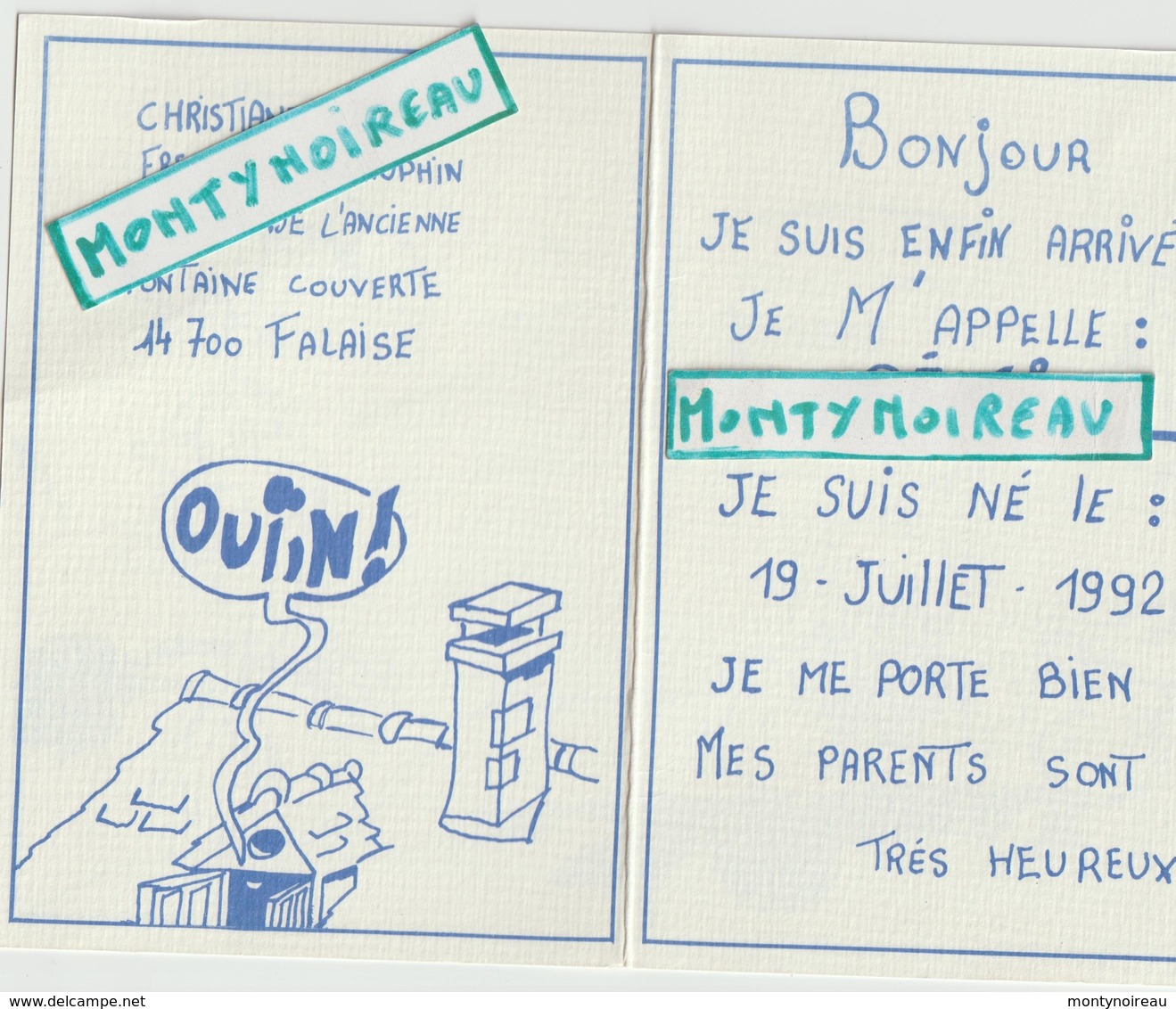 Vieux Papier :  Faire  Part ,  Calvados -  Falaise  , Cigogne -  Moto - Naissance & Baptême