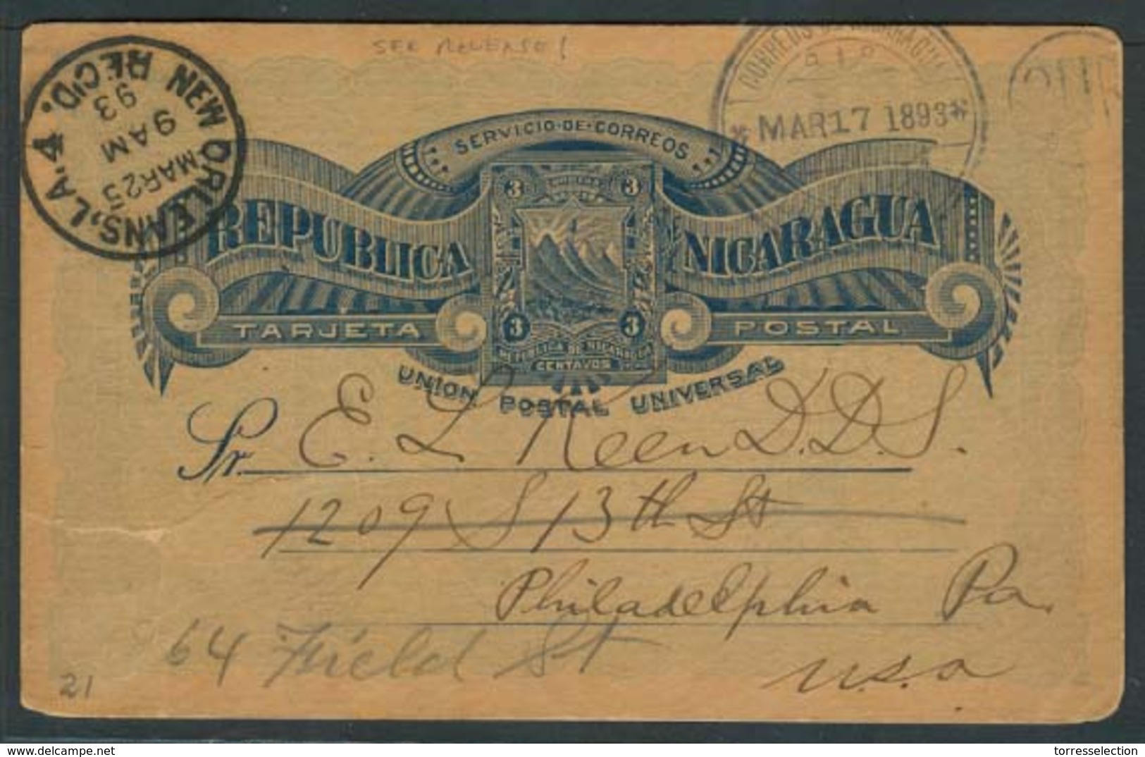 NICARAGUA. 1893 (17 March). Bluefields - USA / Pha. 3c Blue Stat Card. Via N Orleans + Depart Cds. Fine Reverse Printed - Nicaragua