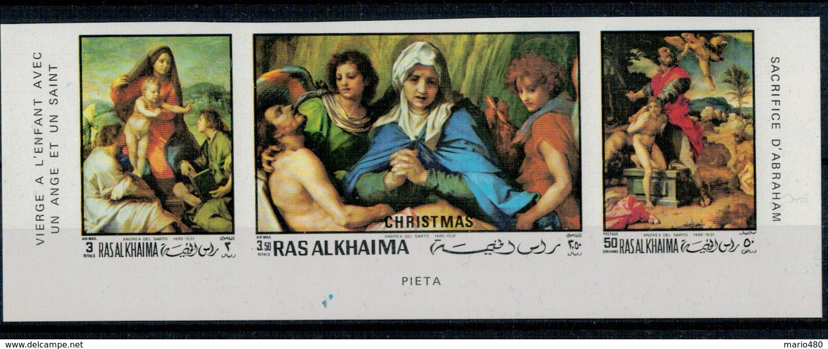 1970    ANDREA  DEL  SARTO    CHRISTMAS    PIETA'  --SACRIFICIO  DI  ABRAMO    STREEP X 3 MNH** PERF.+IMPERF. - Ra's Al-Chaima