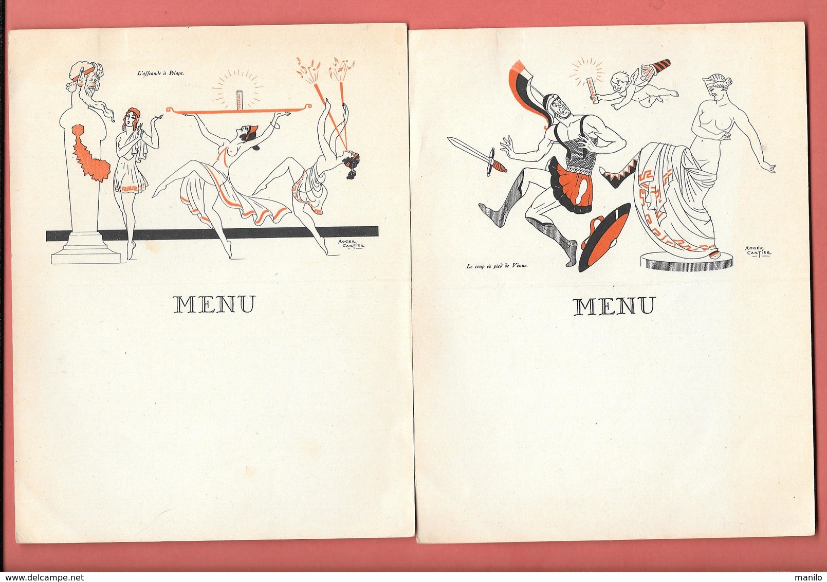 2 Menus Publicitaires PRODUITS PHARMACEUTIQUES "MICTASOL"  Illustr.ROGER CARTIER Offrande à Priape- Coup De Pied Vénus - Menus