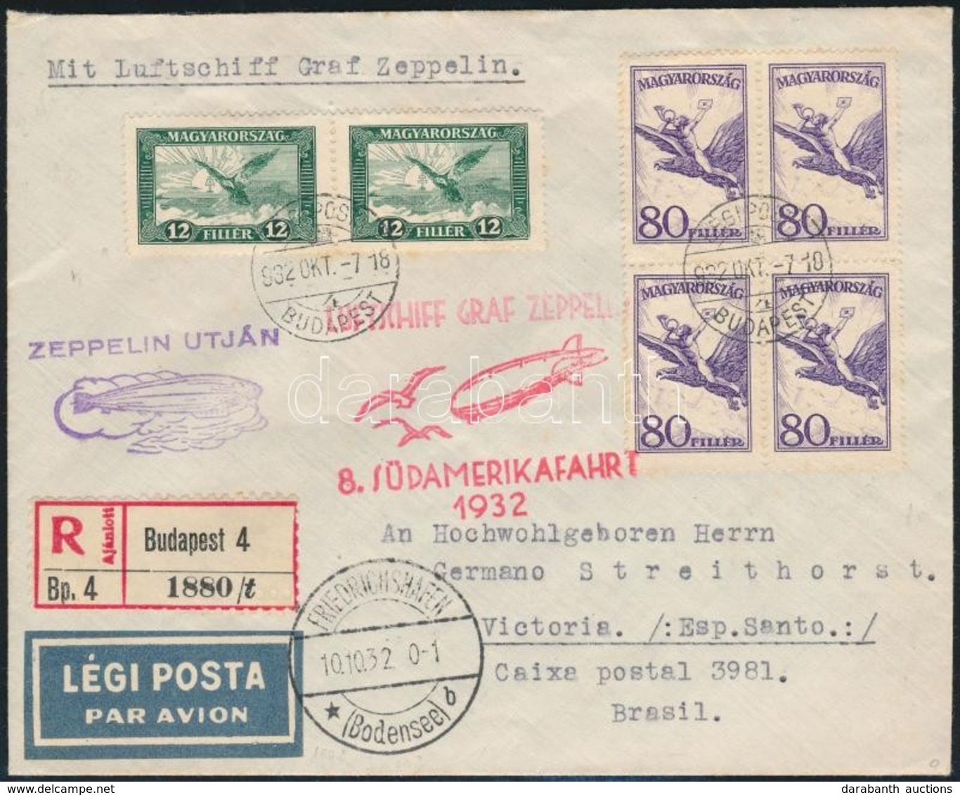 1932 Okt. 7. Nyolcadik Dél-amerikai Zeppelin Repülés Levél 'BUDAPEST' - Victoria (Brazília) R! - Autres & Non Classés