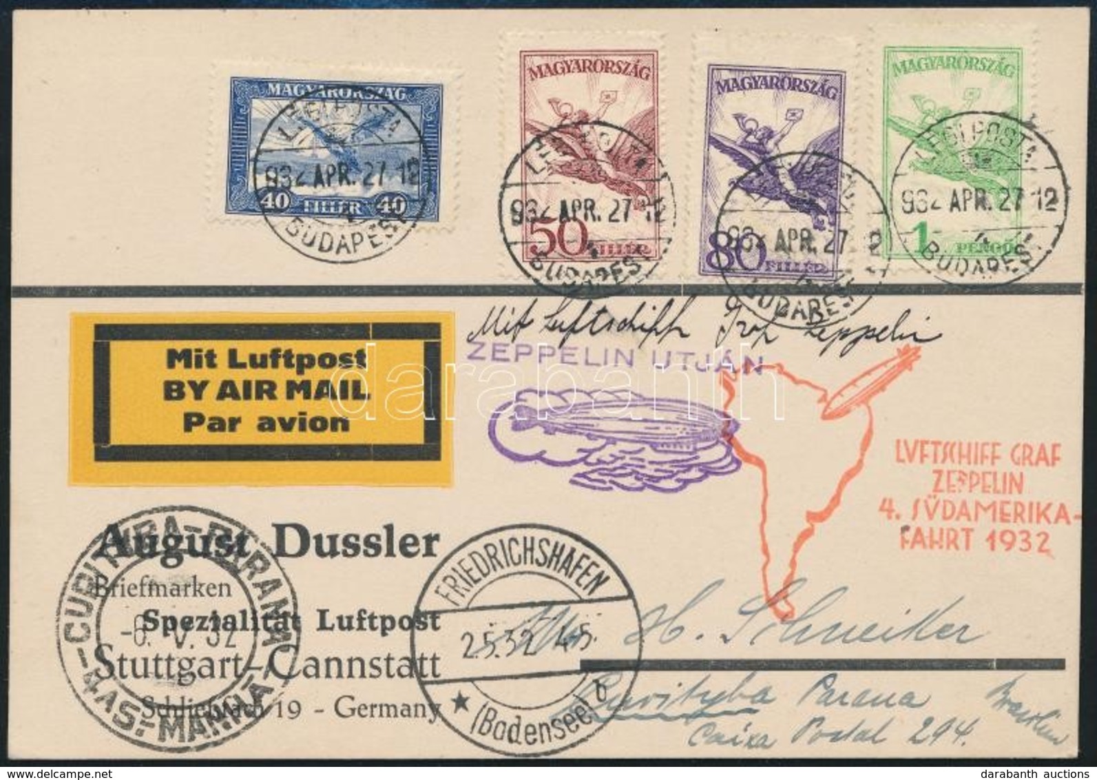 1932 ápr. 27. Negyedik Dél-amerikai Zeppelin Repülés Levelezőlap 'BUDAPEST' - 'CURI TYBA' (Brazília) R! - Andere & Zonder Classificatie