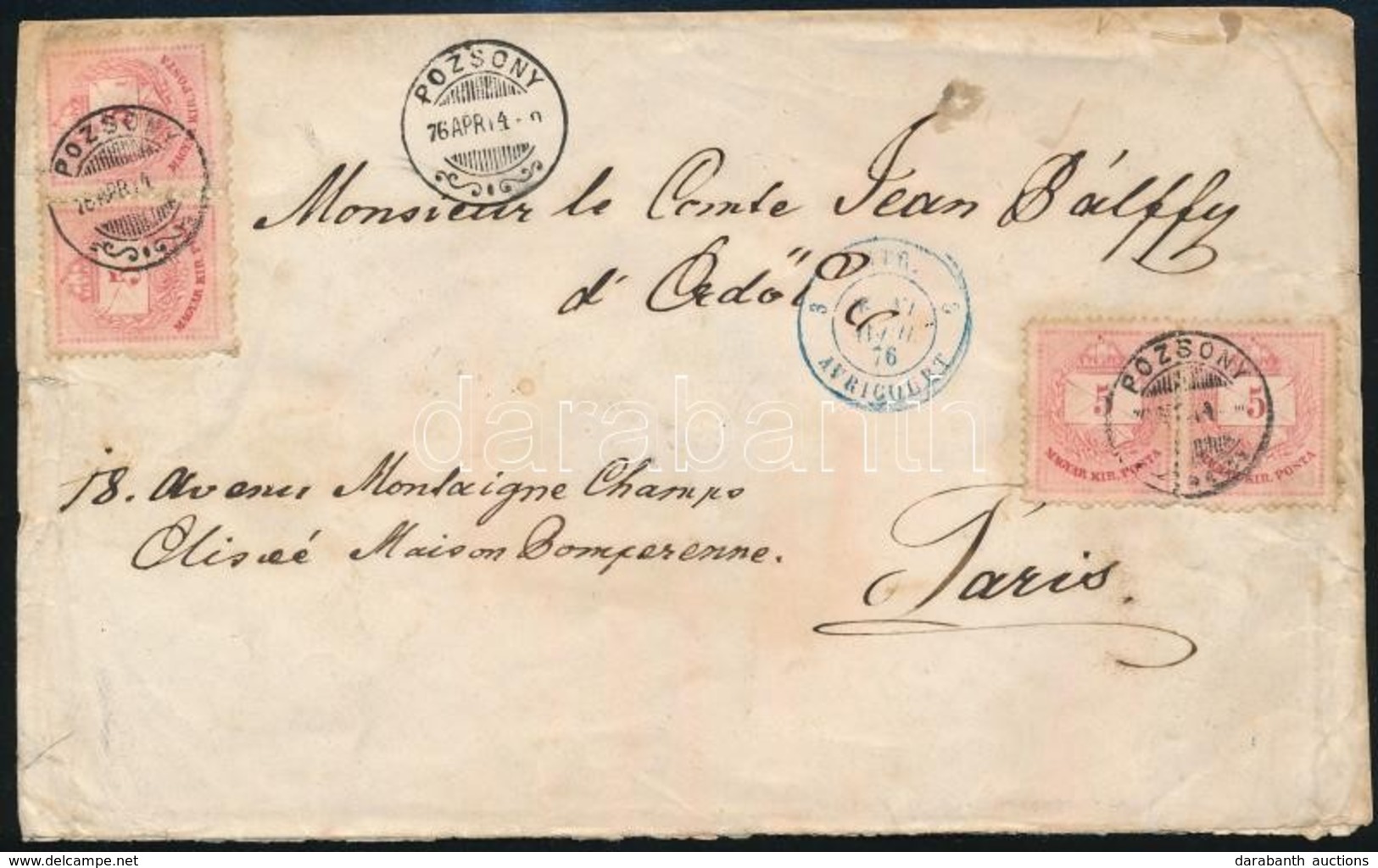 1876 4 X 5kr  Levélen Franciaországba Küldött Levélen ,,POZSONY' - 'WIEN' - Párizs - Other & Unclassified