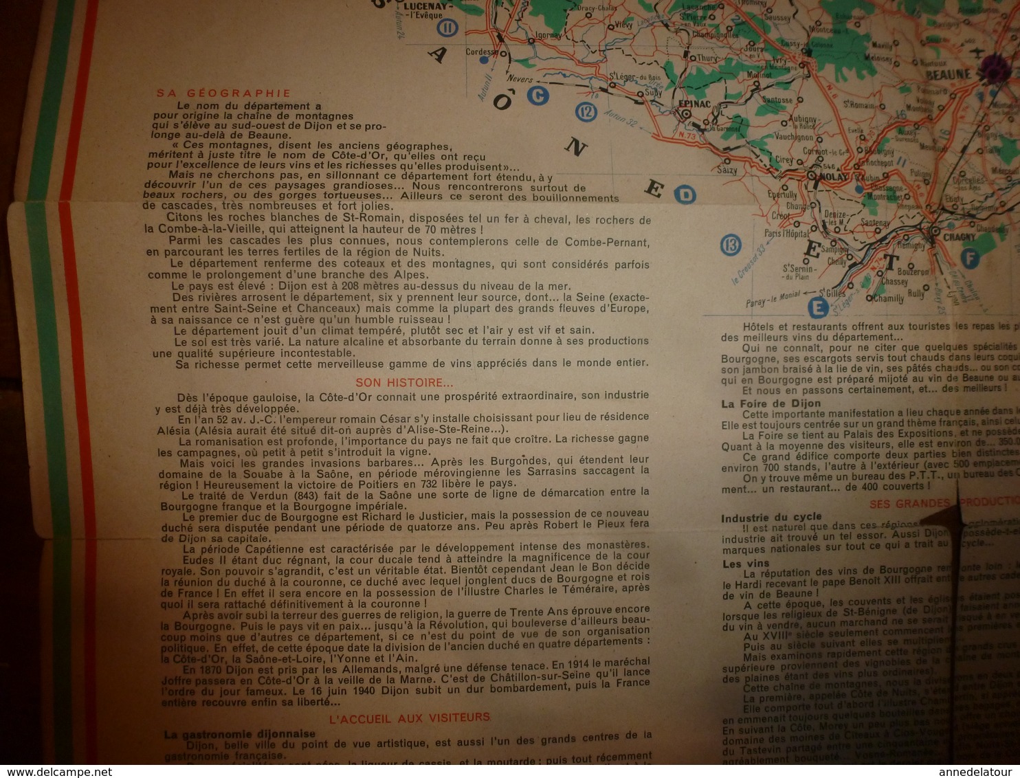 Vers 1955  CARTE GUIDE ancienne de la CÔTE d'OR , avec descriptif et liste des communes de plus de 250 habitants