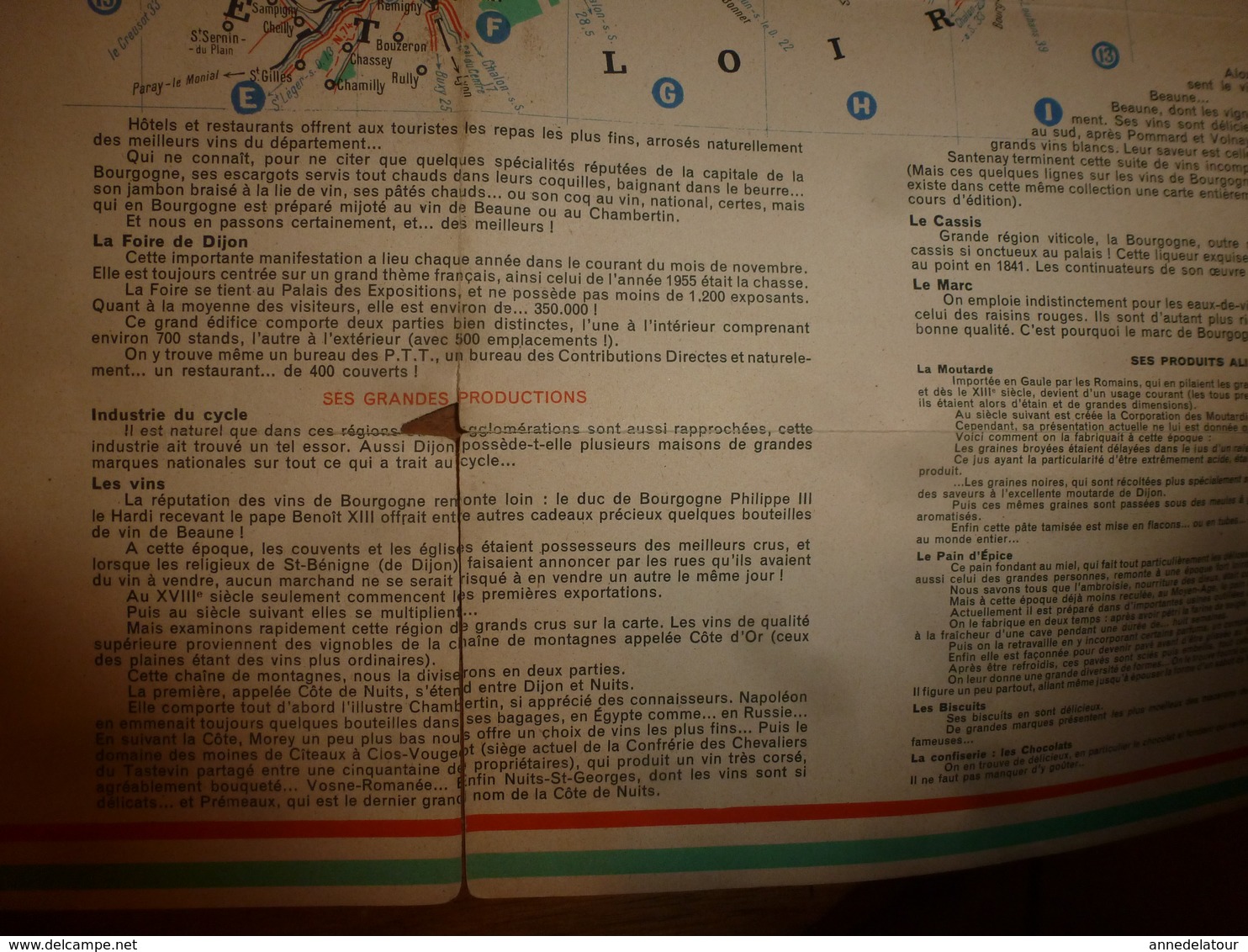 Vers 1955  CARTE GUIDE ancienne de la CÔTE d'OR , avec descriptif et liste des communes de plus de 250 habitants