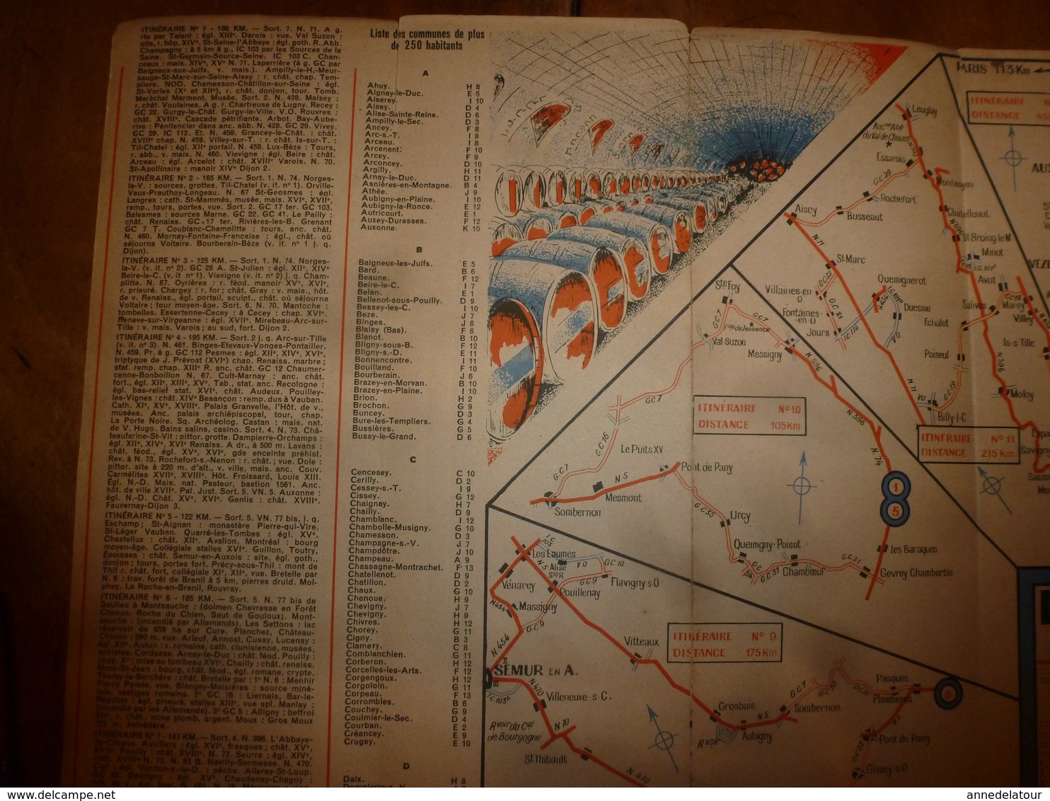 Vers 1955  CARTE GUIDE ancienne de la CÔTE d'OR , avec descriptif et liste des communes de plus de 250 habitants