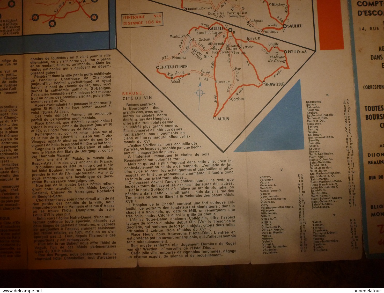 Vers 1955  CARTE GUIDE ancienne de la CÔTE d'OR , avec descriptif et liste des communes de plus de 250 habitants