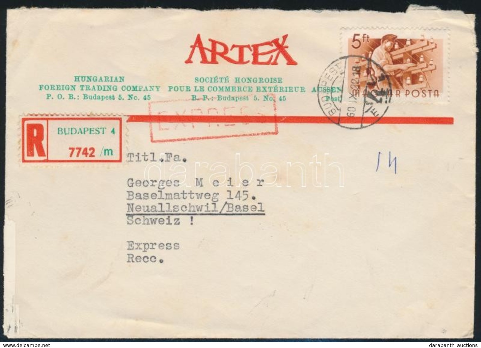 1960 Expressz Ajánlott Levél Svájcba Küldve Munka 5Ft Bérmentesítéssel, R - Other & Unclassified