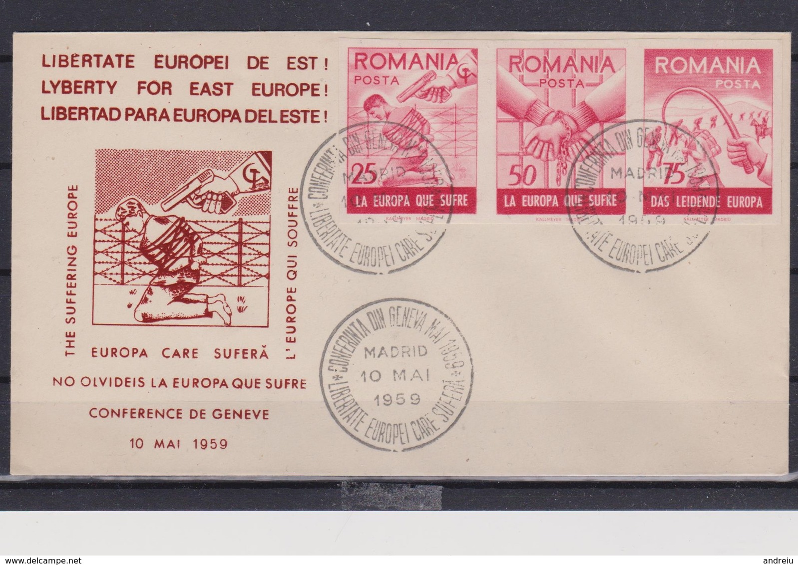 1959 Romania Roumanie Rumanien -1 FDC 3v. Government In Exile In Spain, Anticommunism Fighters, Chains, Libery - Other & Unclassified