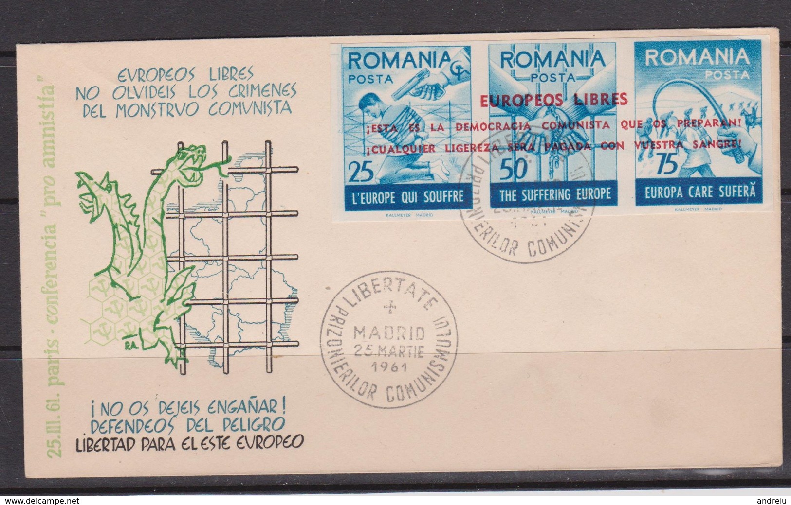 1959 Romania Roumanie Rumanien -1 FDC 3v. Government In Exile In Spain, Anticommunism Fighters, Chains, Libery - Other & Unclassified