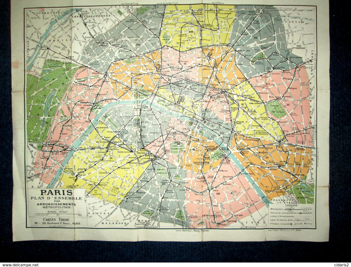 PLAN De PARIS Par ARRONDISSEMENTS Métro Métropolitain Capitale France Collection CARTES TARIDE Ca1923 ! - Roadmaps