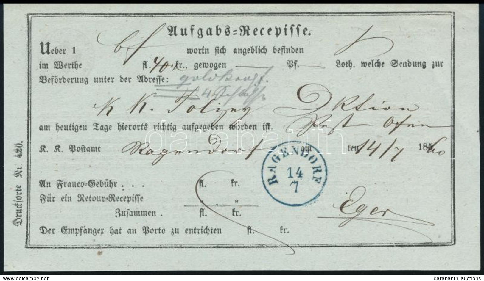 1860 Feladóvevény / Aufgabs Recepisse Kék / Blue 'RAGENDORF' - Autres & Non Classés