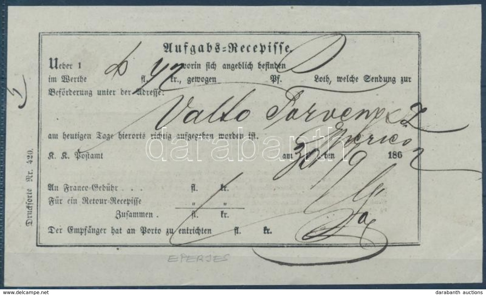 1862 Aufgabs Recepisse Eperjes - Other & Unclassified