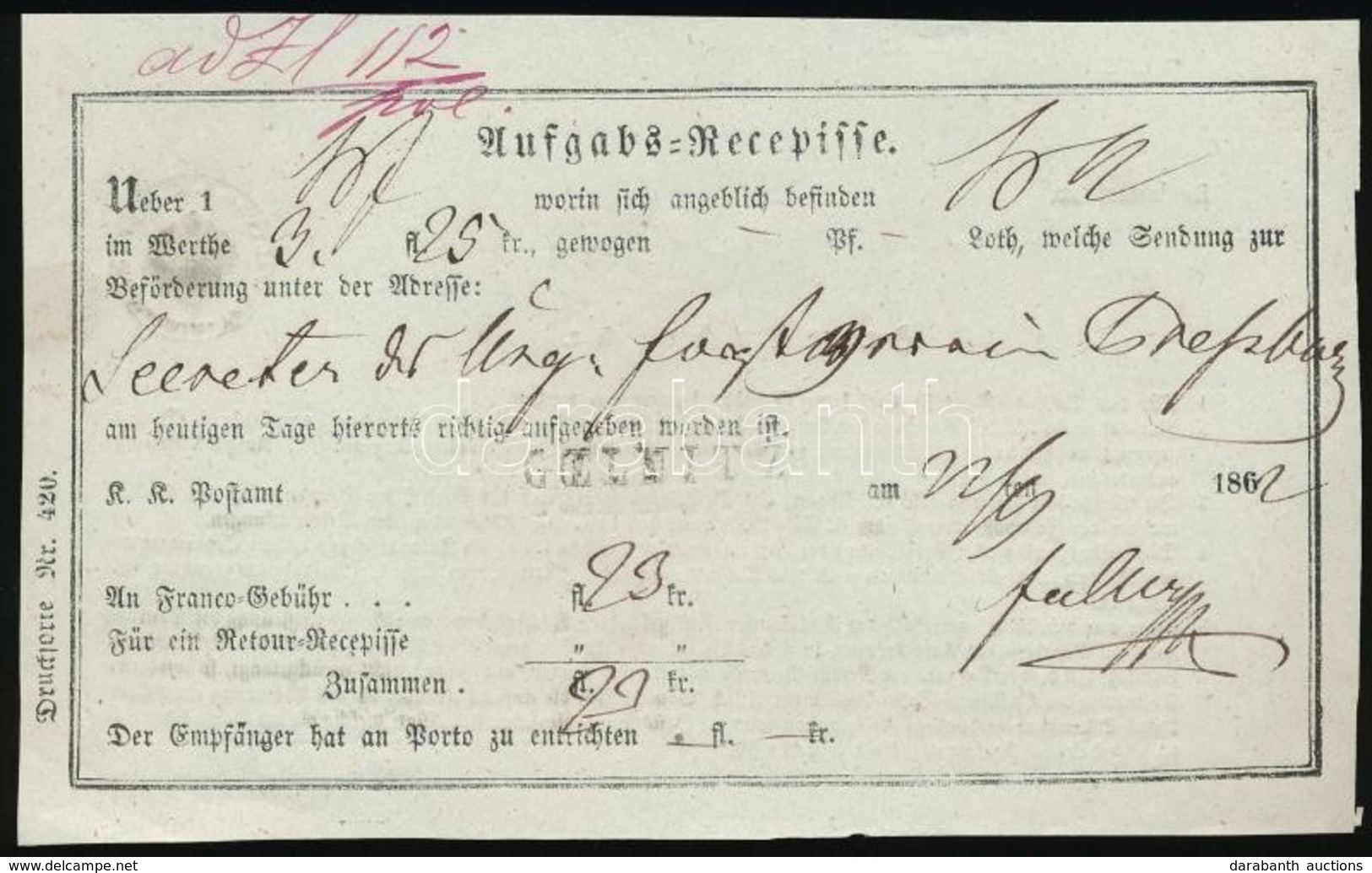 1862 Aufgabs Recepisse 'GOELNITZ' - Pressburg - Other & Unclassified
