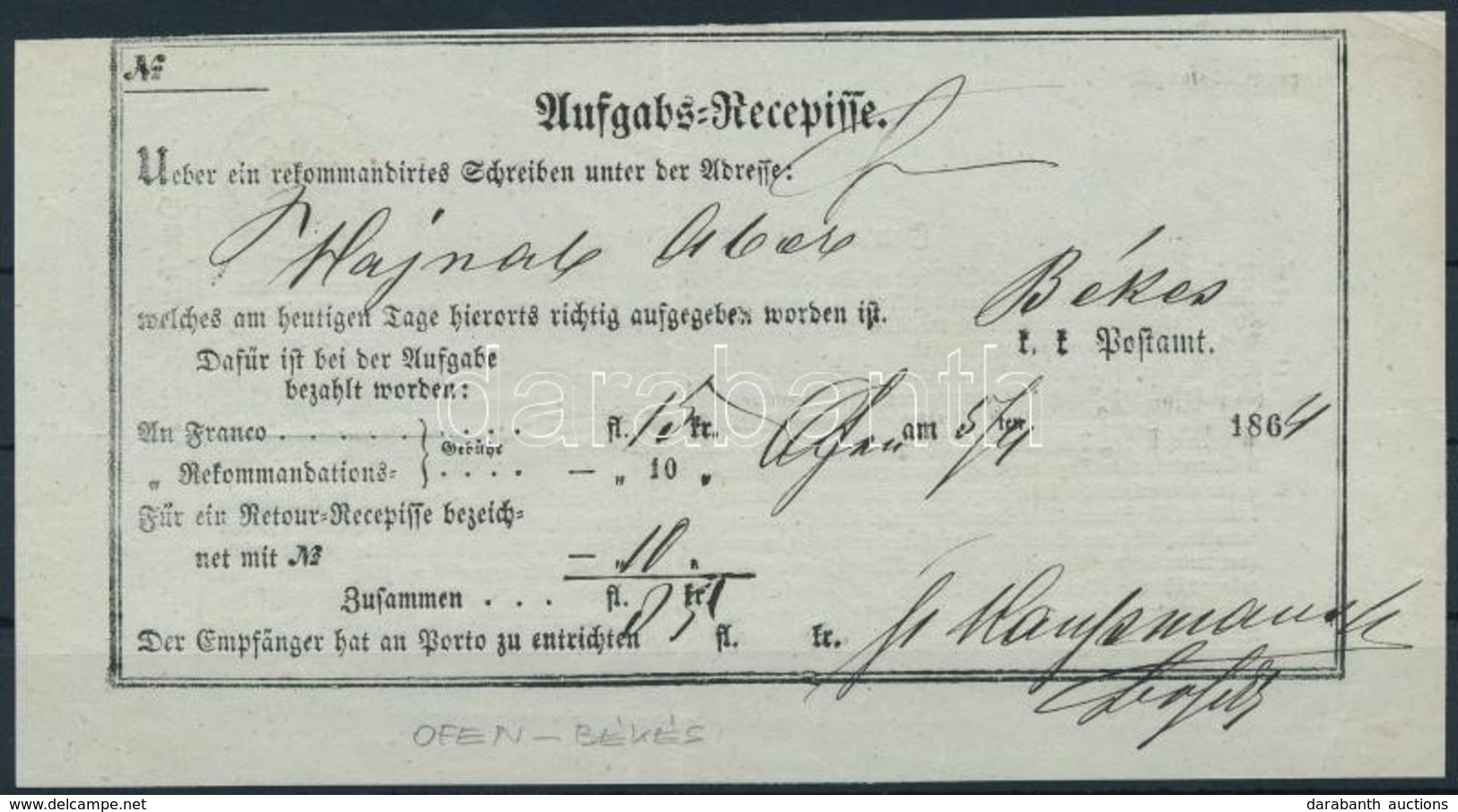 1864 Aufgabs Recepisse Ofen - Békés - Other & Unclassified