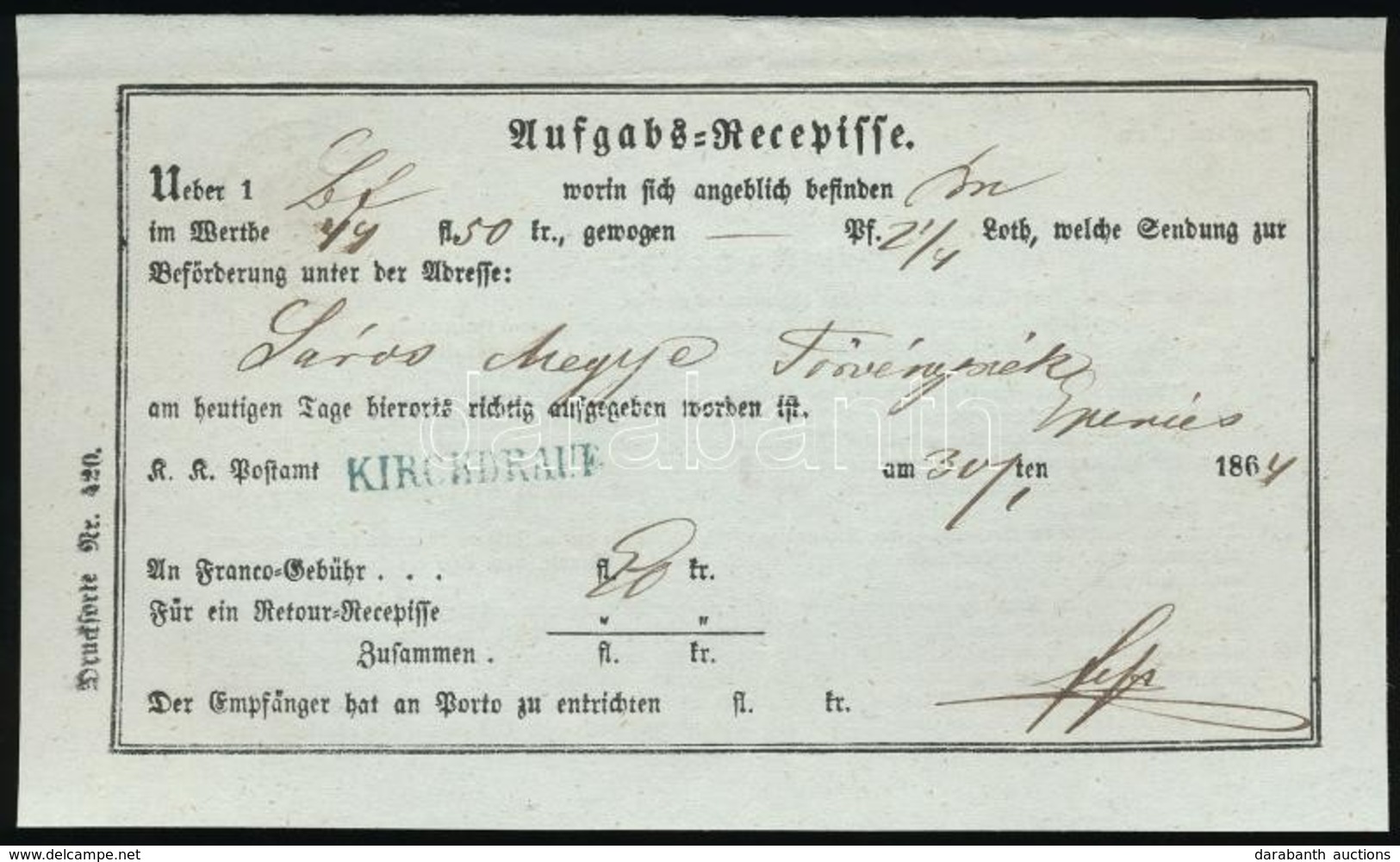 1864 Aufgabs Recepisse 'KIRCHDRAUF' Eperjes - Andere & Zonder Classificatie