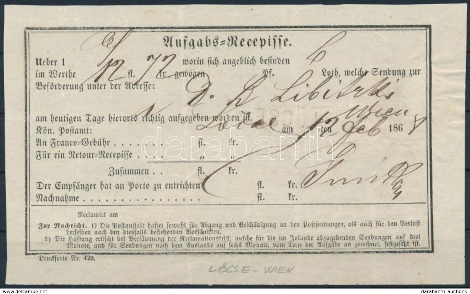 1868 Aufgabs Recepisse Lőcse - Wien - Other & Unclassified