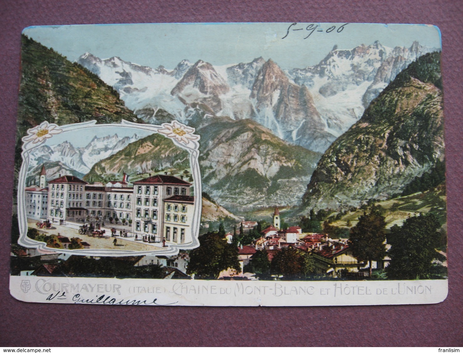 CPA ITALIE VAL D'AOSTA COURMAYEUR Chaine Du Mont Blanc Et Hotel De L'Union VUE & GRAVURE Lithographie ? CARTE COUPEE - Altri & Non Classificati