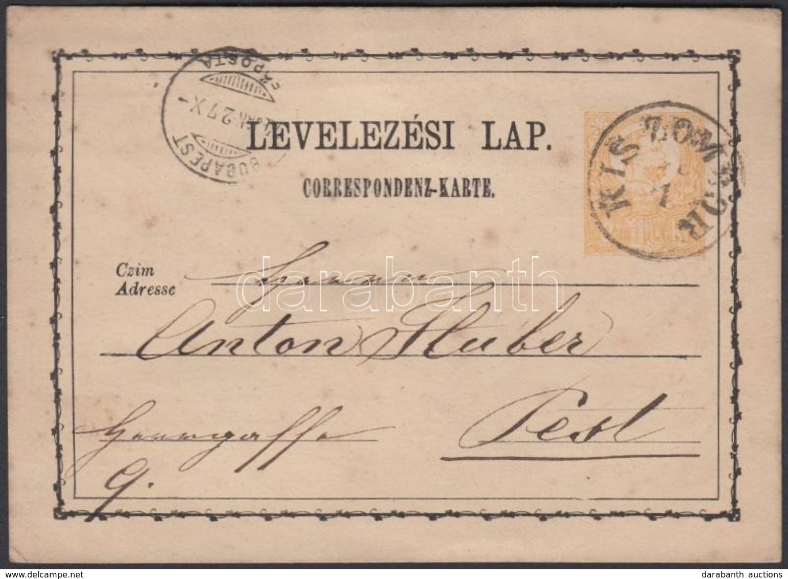 1874 Díjjegyes Levelezőlap / PS-card 'KIS ZOMBOR'-'BUDAPEST' - Other & Unclassified