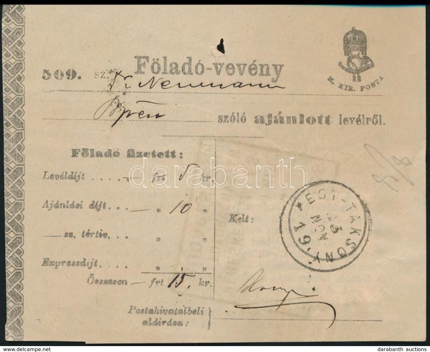 1886 Föladó-vevény Okmánybélyeggel - Other & Unclassified