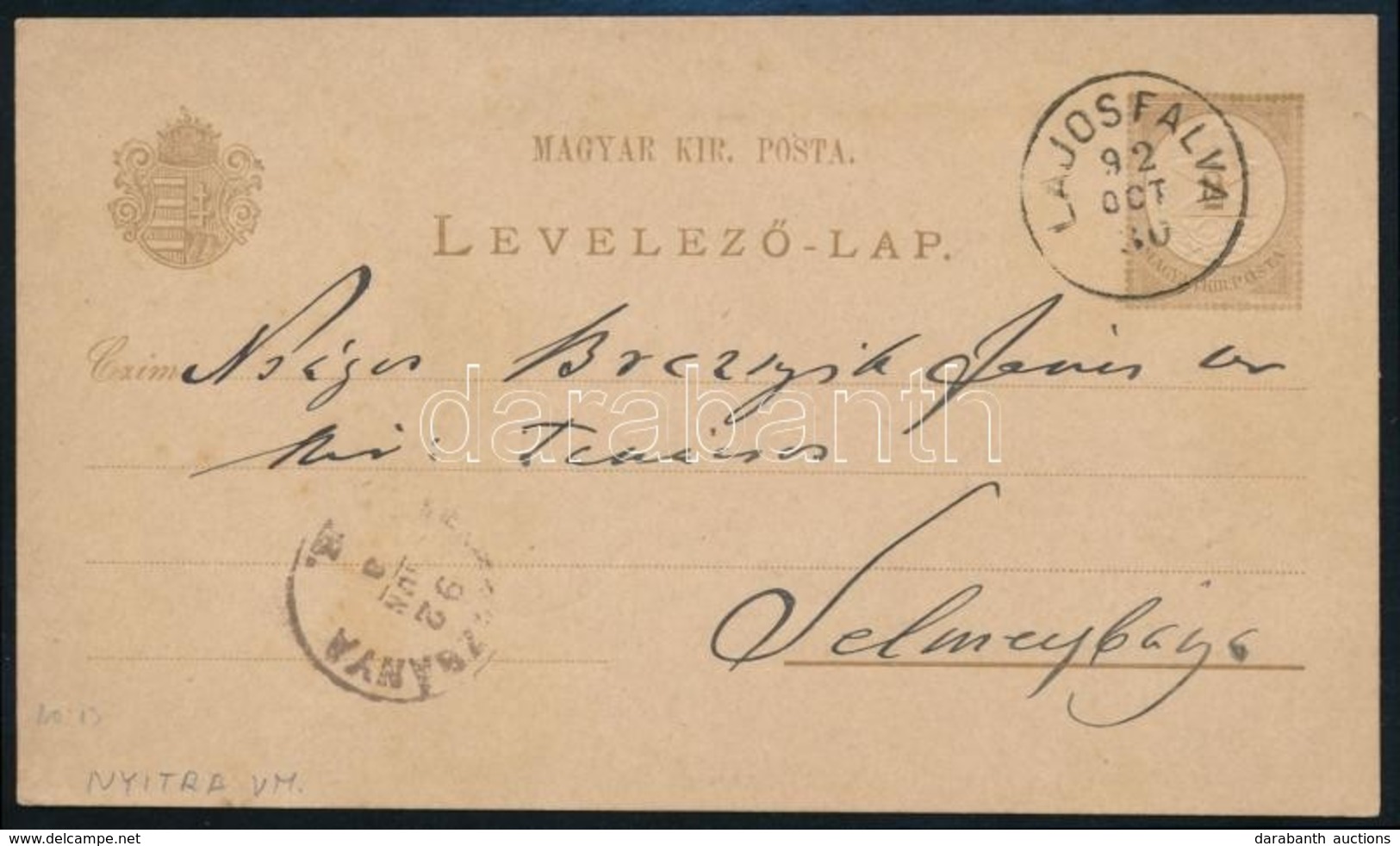 1892 2kr Díjjegyes Levelezőlap 'LAJOSFALVA' - '(SELMEC)ZBÁNYA' - Other & Unclassified