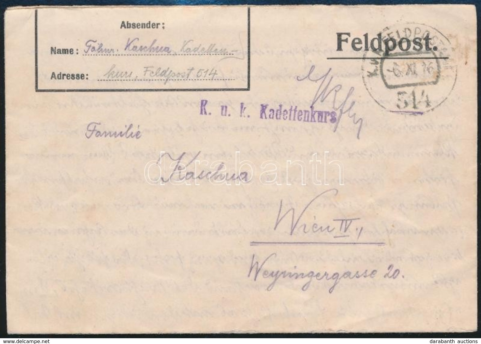 1916 Tábori Posta Levél 'K.u.k. Kadettenkurs' + 'FP 514' - Other & Unclassified