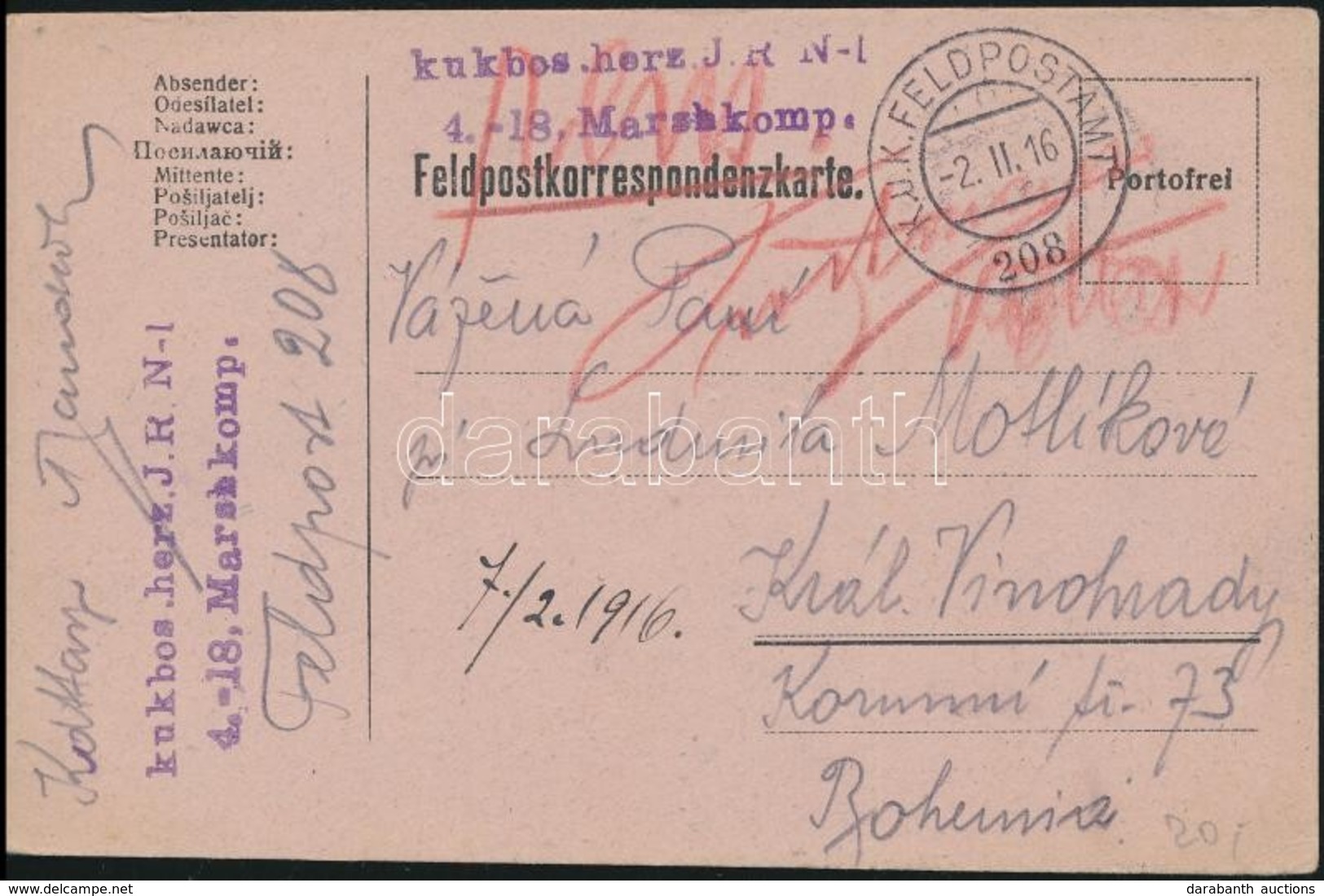1916 Tábori Posta Levelezőlap / Field Postcard 'K.u.k. Bos. Herz. J.R. N-1 4.-18. Marshkomp.' + 'FP 208' - Other & Unclassified